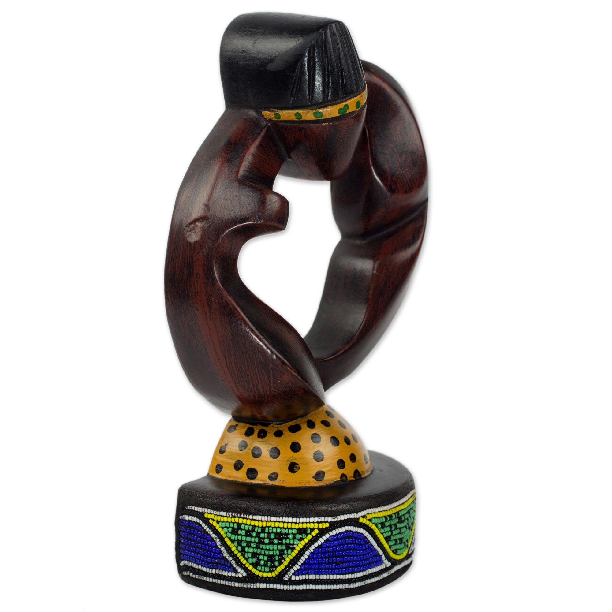 Premium Hand-Carved Ikenna Wooden Sculpture with Recycled Glass Beads
