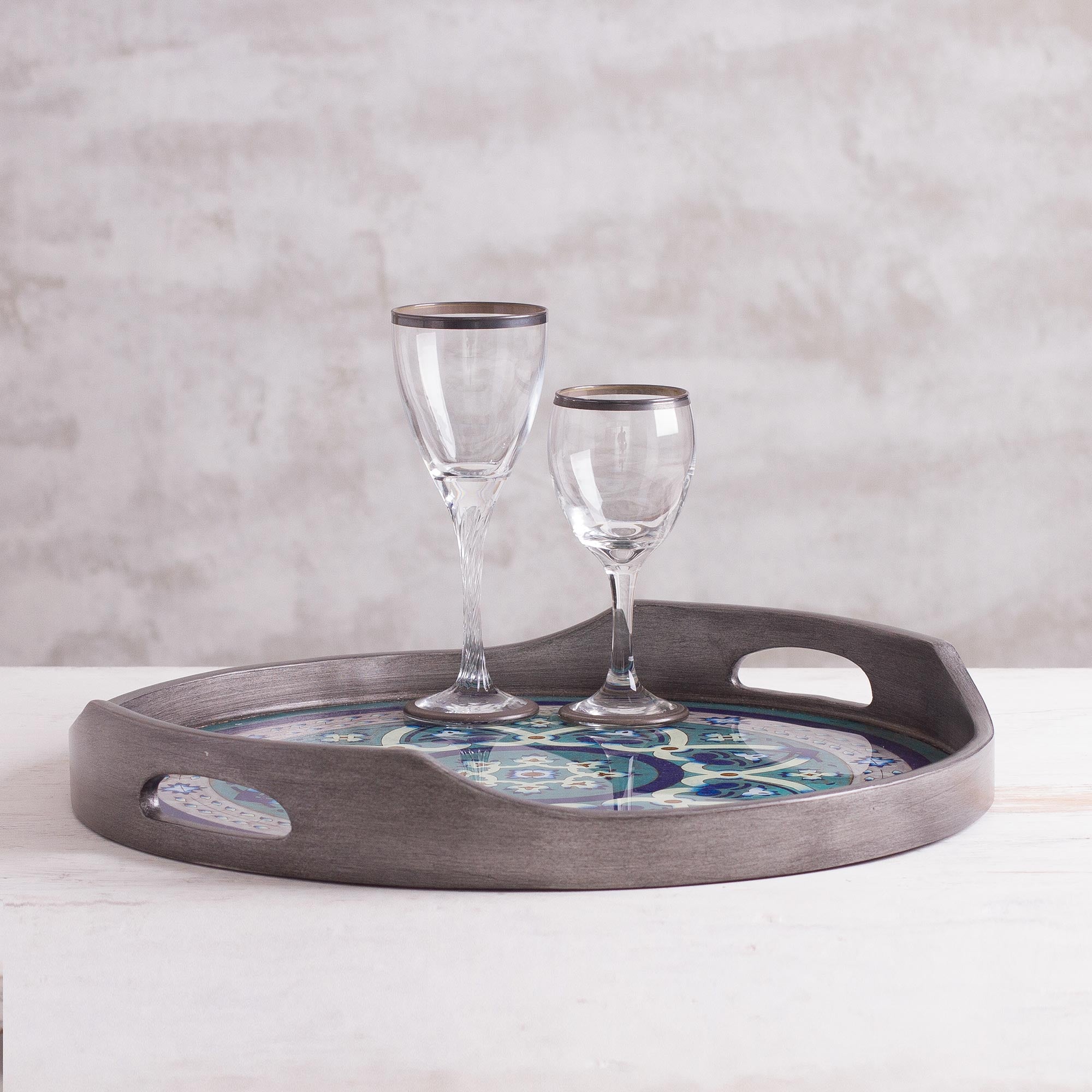Premium Floral Art Steel-Tone Reverse-Painted Glass Tray - Handcrafted in Peru