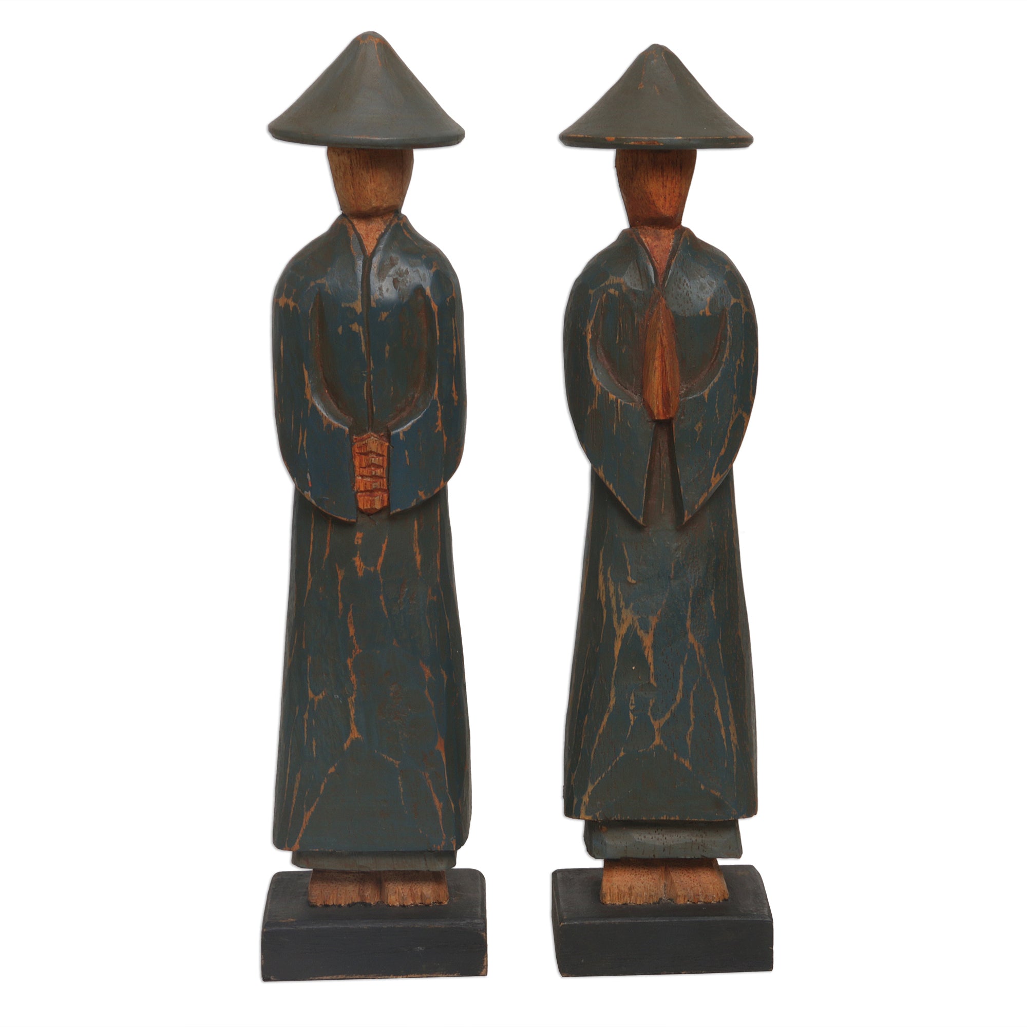 Premium Hand-Carved Dark Green Robed Farmer Statuettes - Peaceful Agrarian Duo