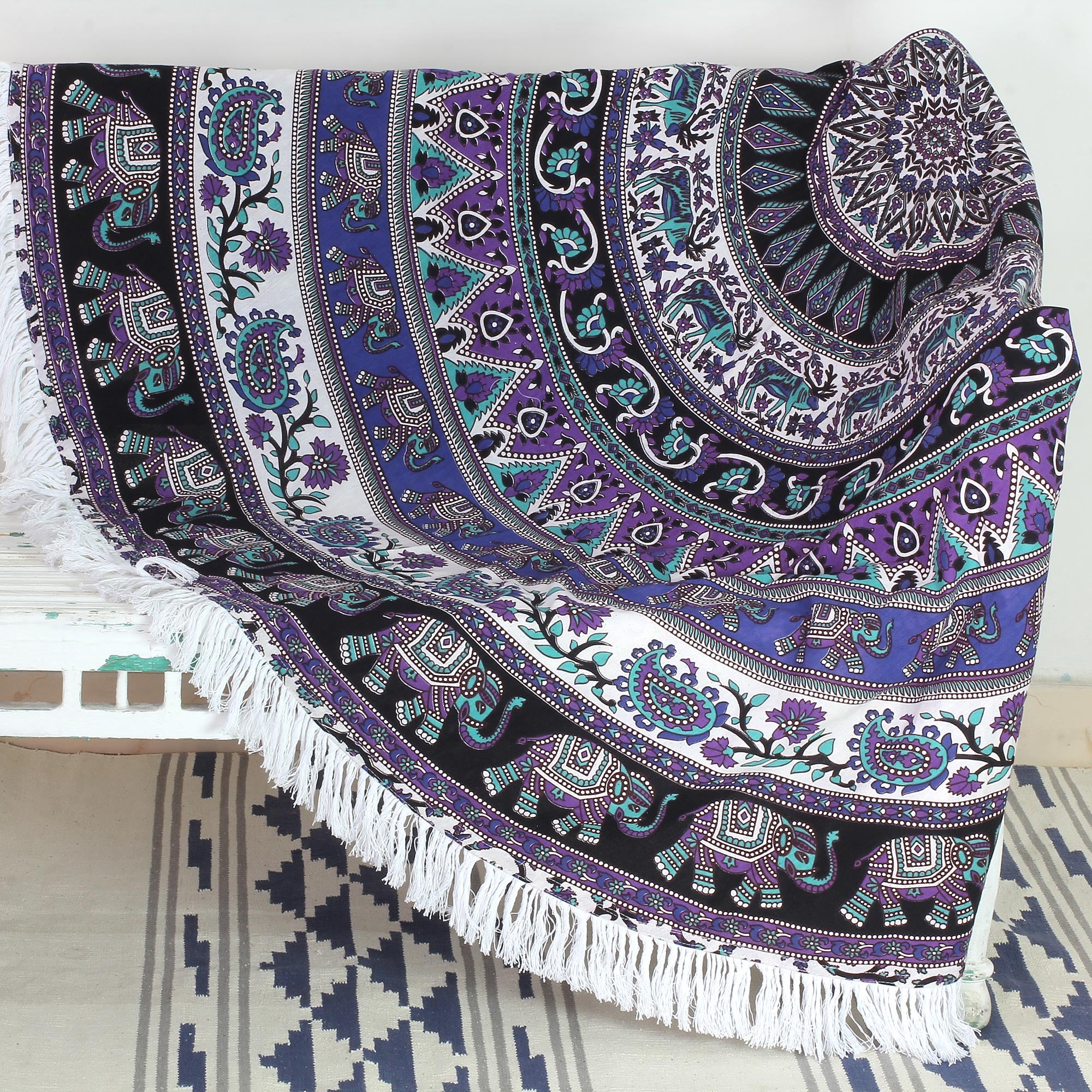 Premium Indian Cotton Mandala Roundie - Elephant & Floral Design
