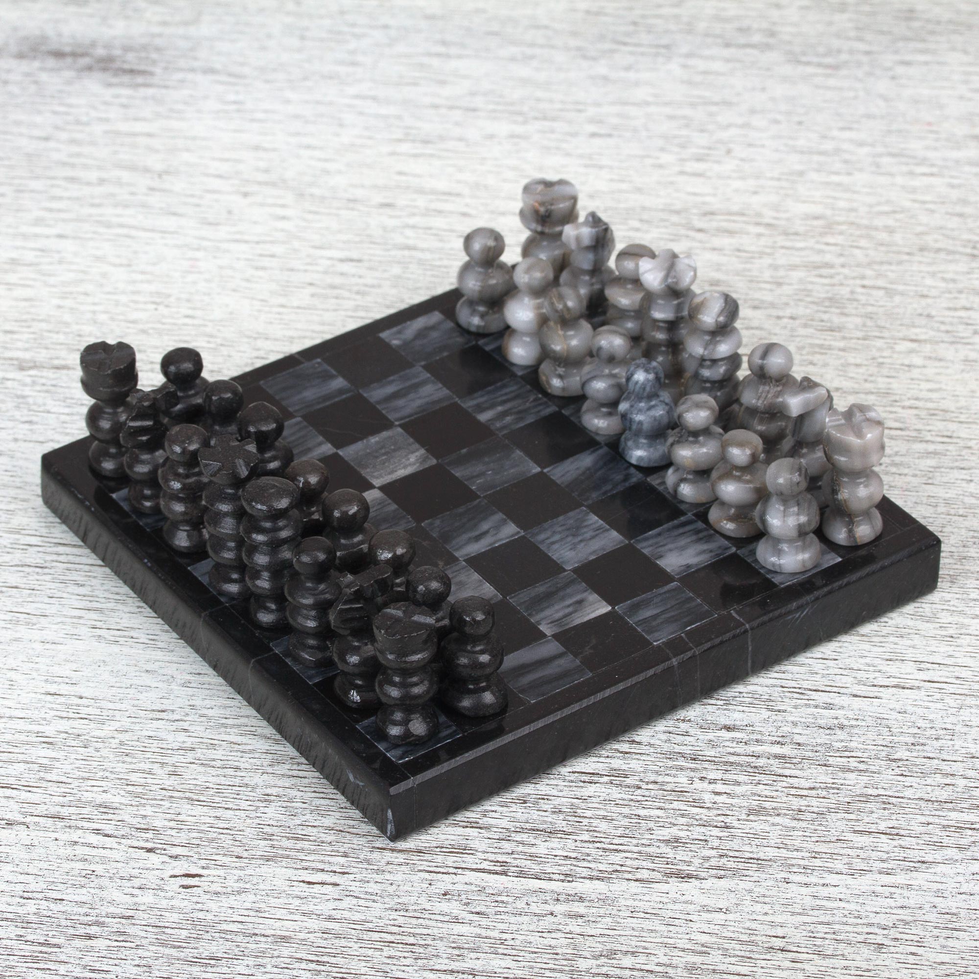 Premium Handcrafted Mini Marble Chess Set in Black & Grey - Ultimate Brain Teaser