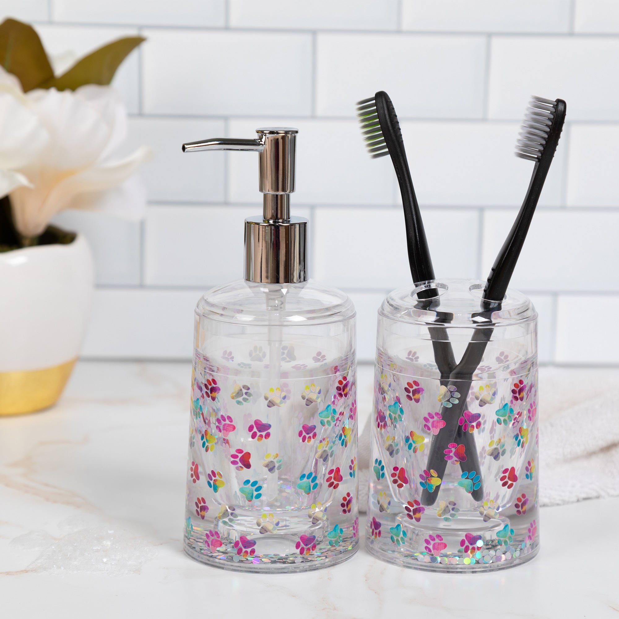 Ultimate Paw Print Acrylic Bathroom Duo - Soap Dispenser & Toothbrush Holder Set