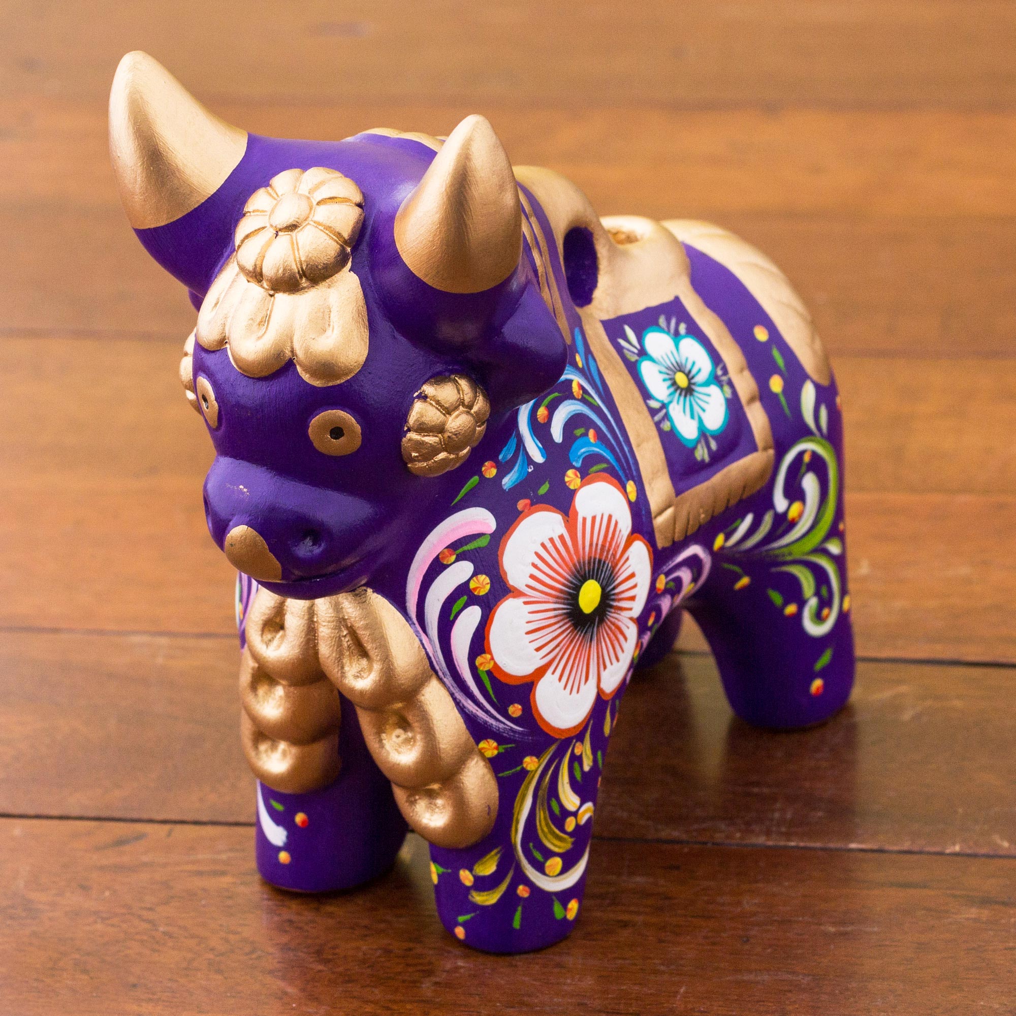 Premium Purple Pucara Bull Ceramic Sculpture - Hand-Painted Floral Art from Peru