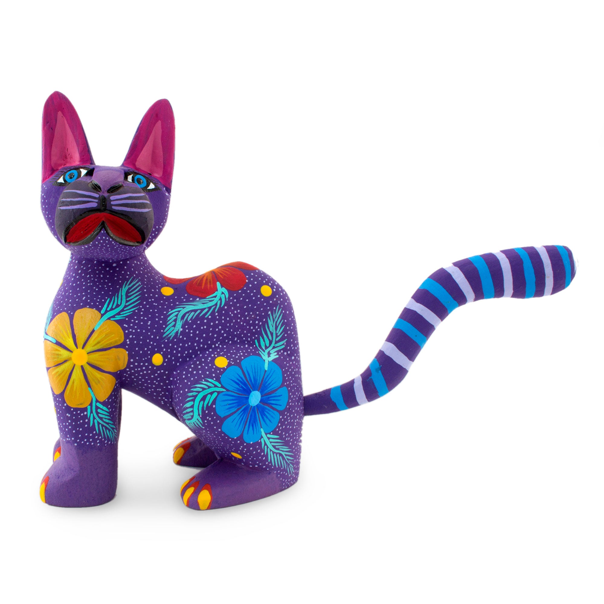Premium Handcrafted Purple Wood Cat Sculpture – Magical Folk Art Decor