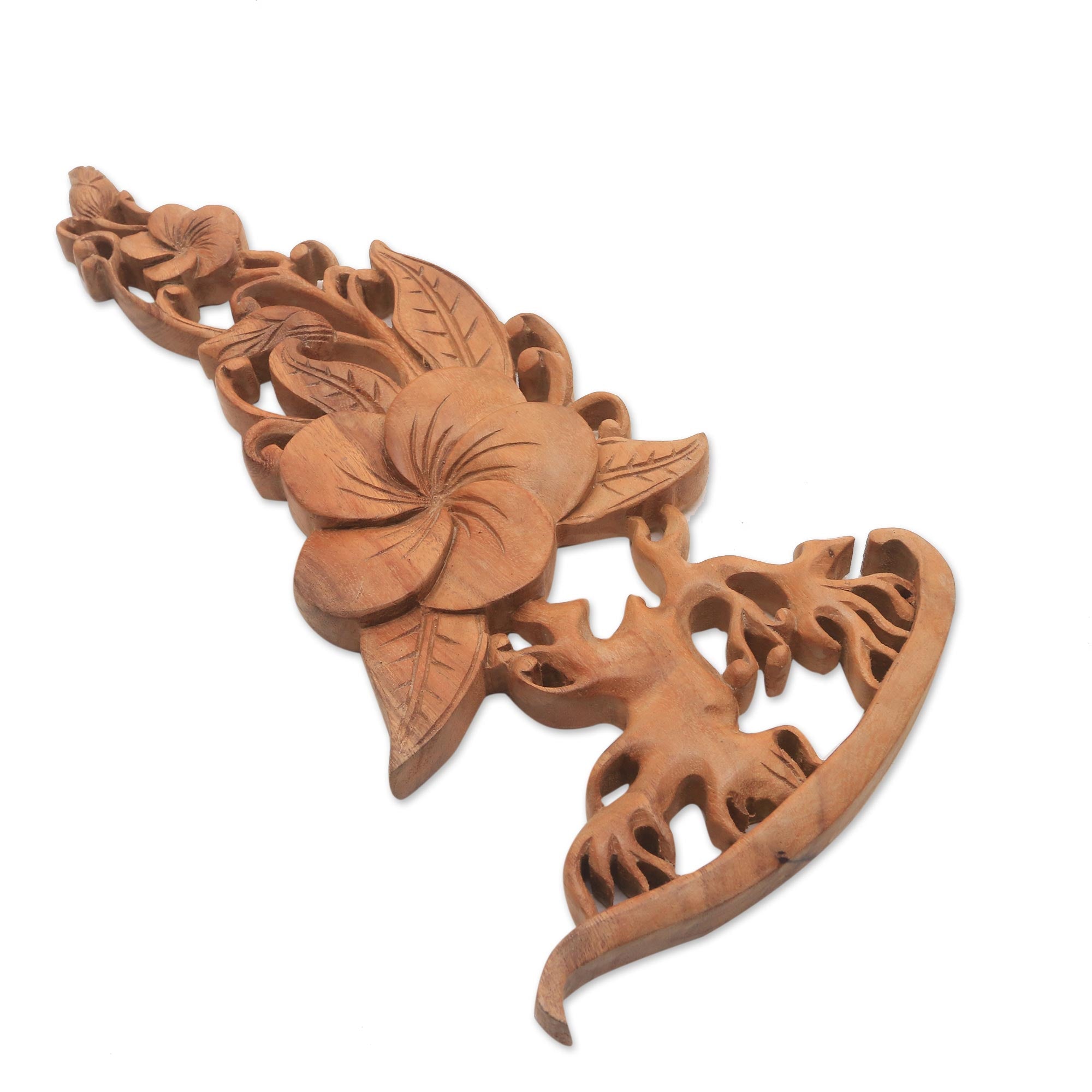 Premium Hand-Carved Suar Wood Frangipani Relief Panel – Majestic Bali Art