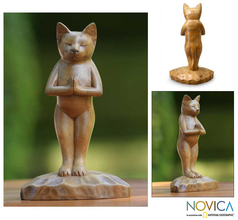 Premium Handcrafted Suar Wood Cat Sculpture - 'Gratitude in Wood'