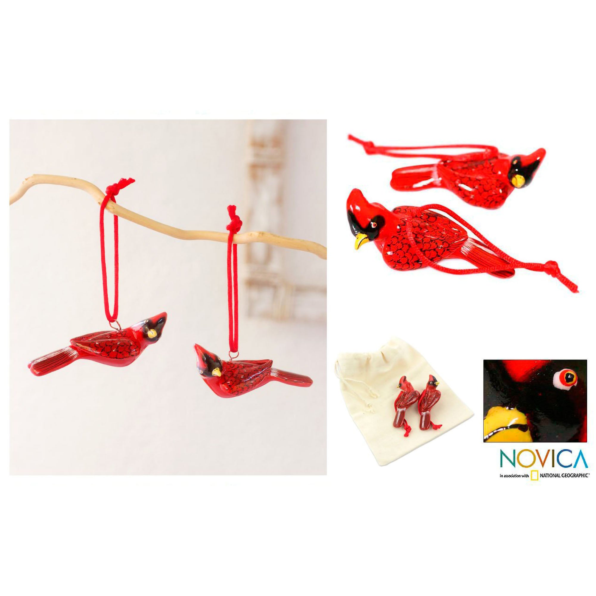 Premium Red Cardinal Ceramic Ornament Set - Handcrafted Pair