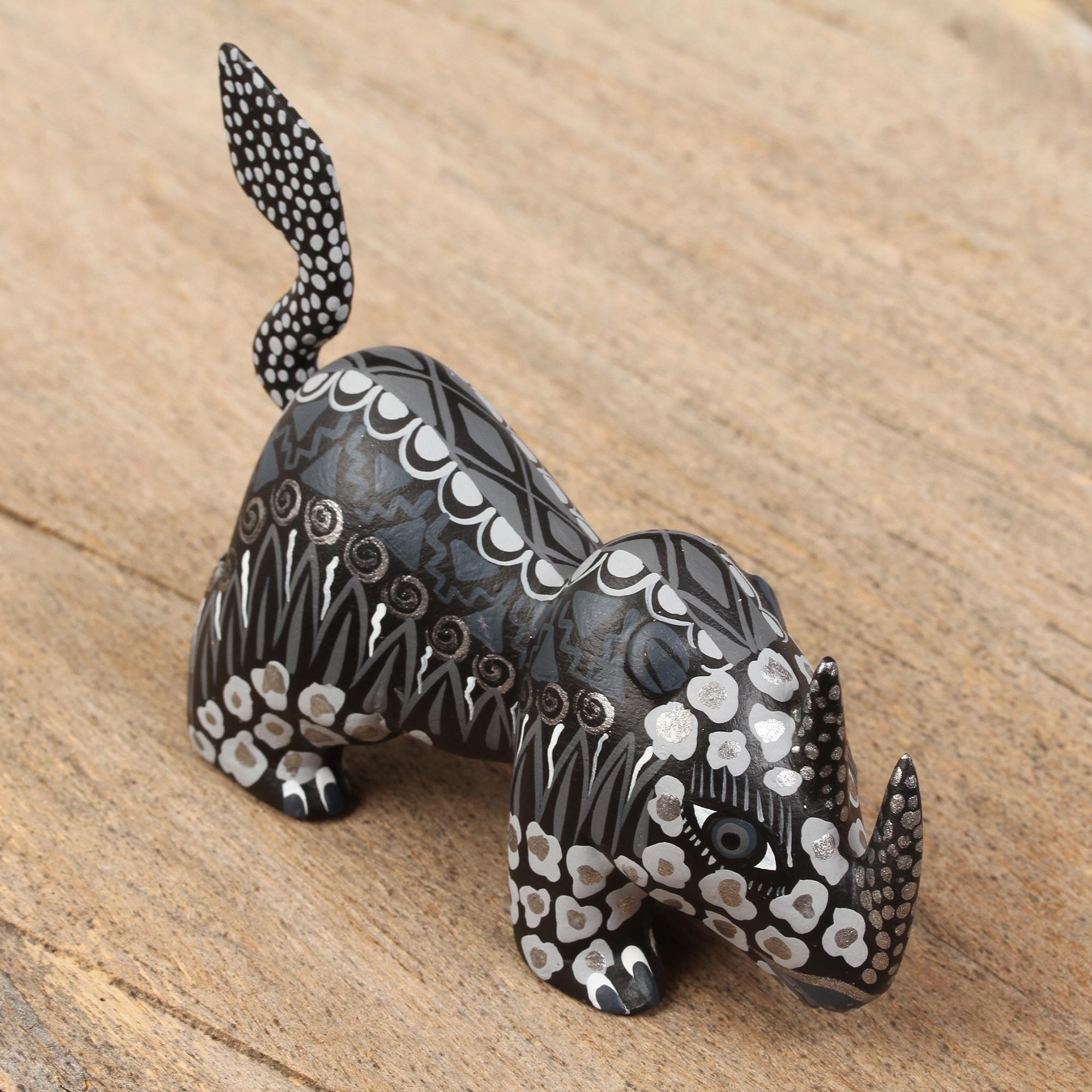 Premium Grey Rhino Alebrije Figurine - Hand-Carved Copal Wood Art from Mexico