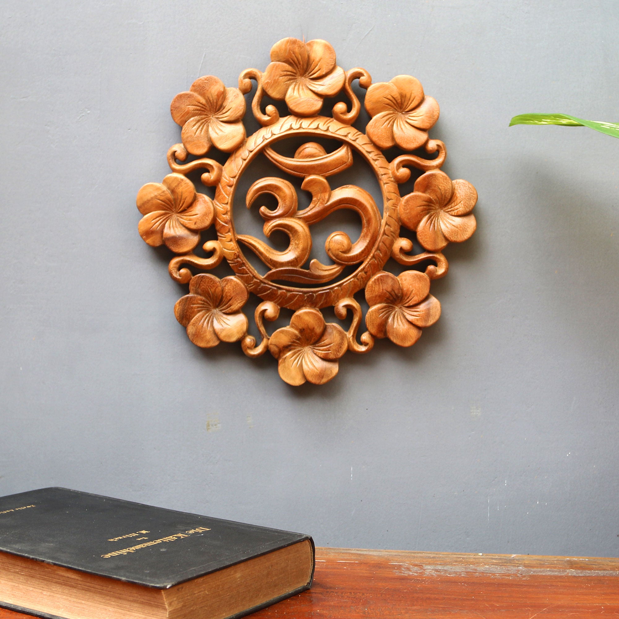 Premium Suar Wood Om Wall Relief – Handcrafted Floral Art from Indonesia