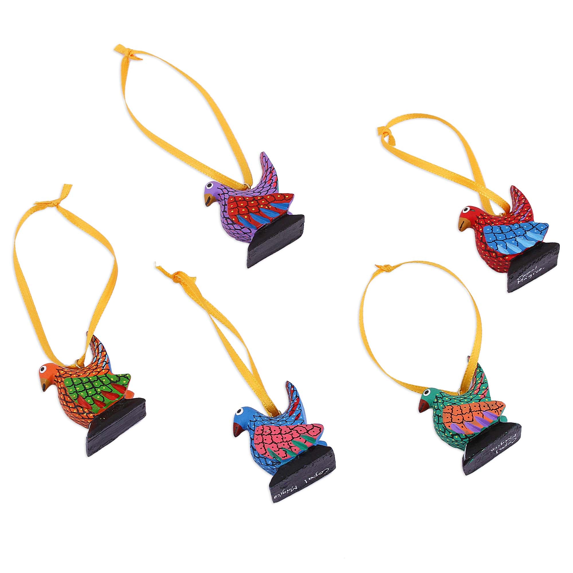 Premium Handcrafted Mexican Wood Alebrije Chicken Ornaments - Set of 5
