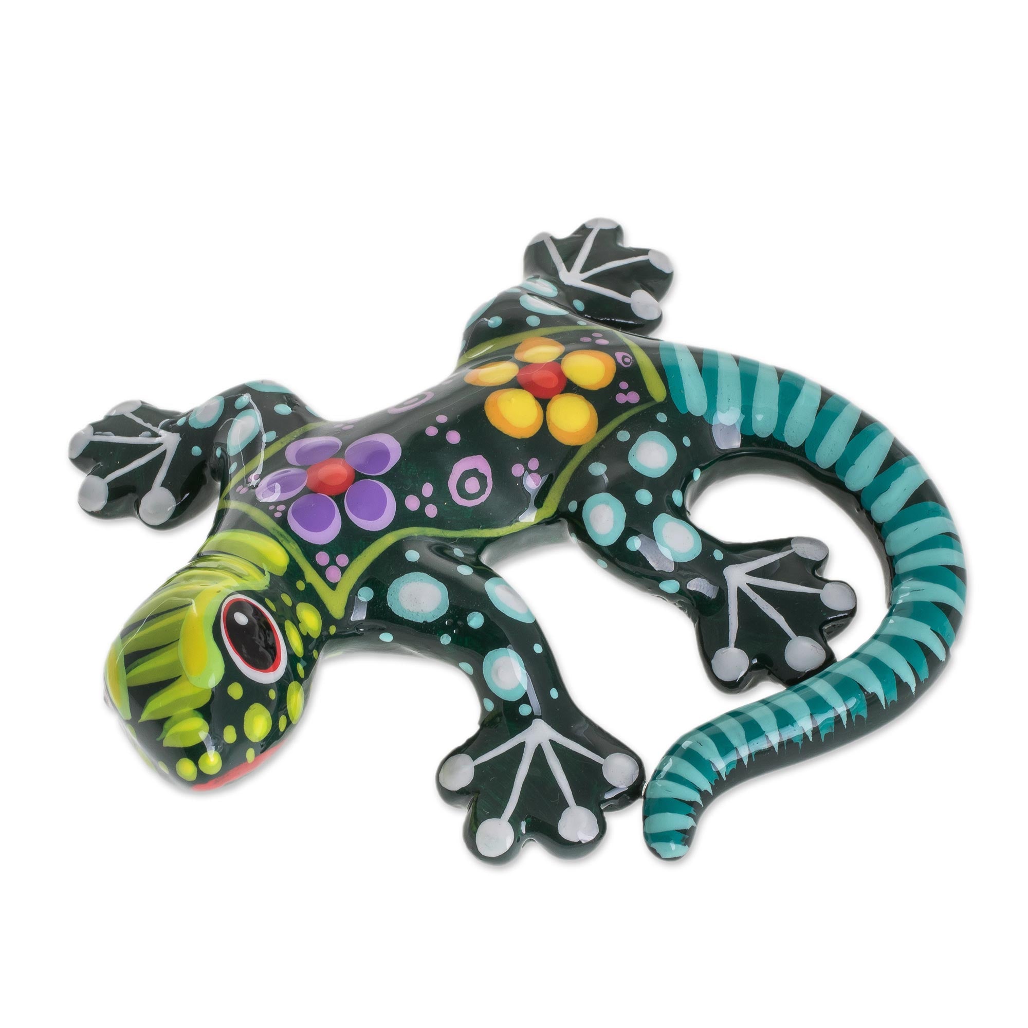 Premium Hand-Painted Ceramic Gecko - Green with Multi-Color Floral Motif