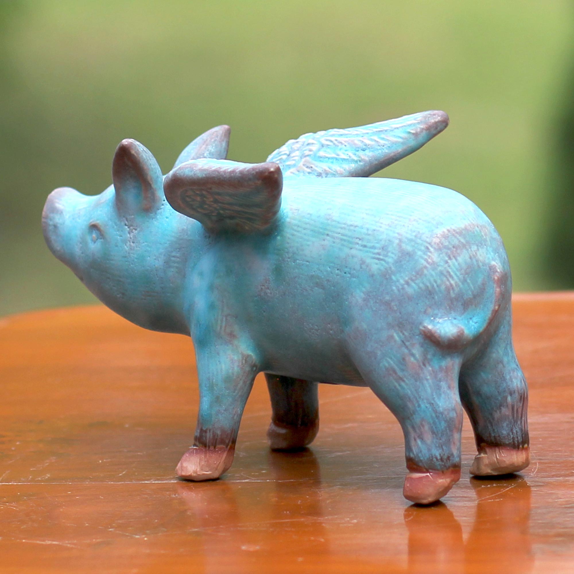 Premium Blue Flying Pig Ceramic Sculpture - Handcrafted Artisan Decor