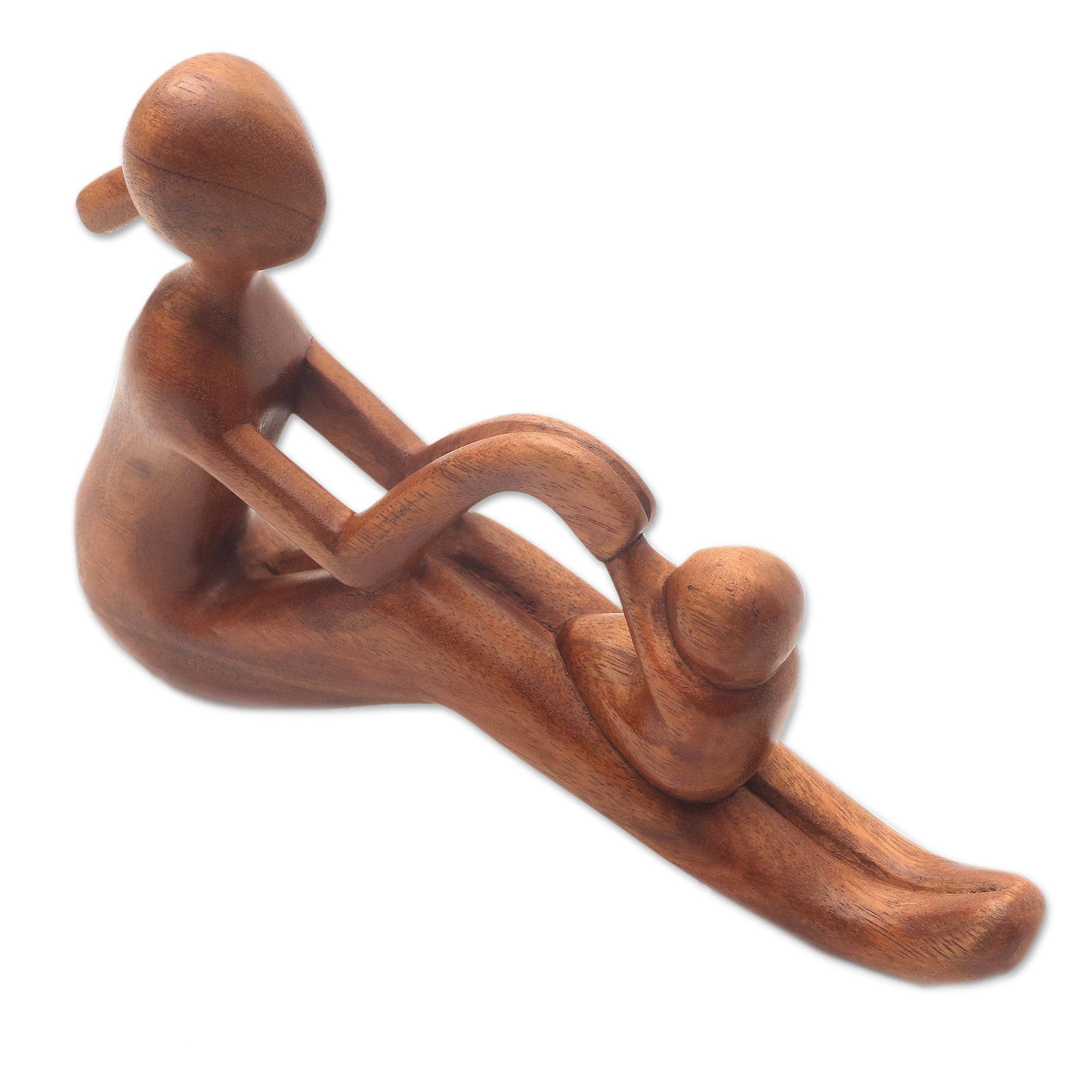 Premium Hand-Carved Mother & Child Suar Wood Sculpture from Bali
