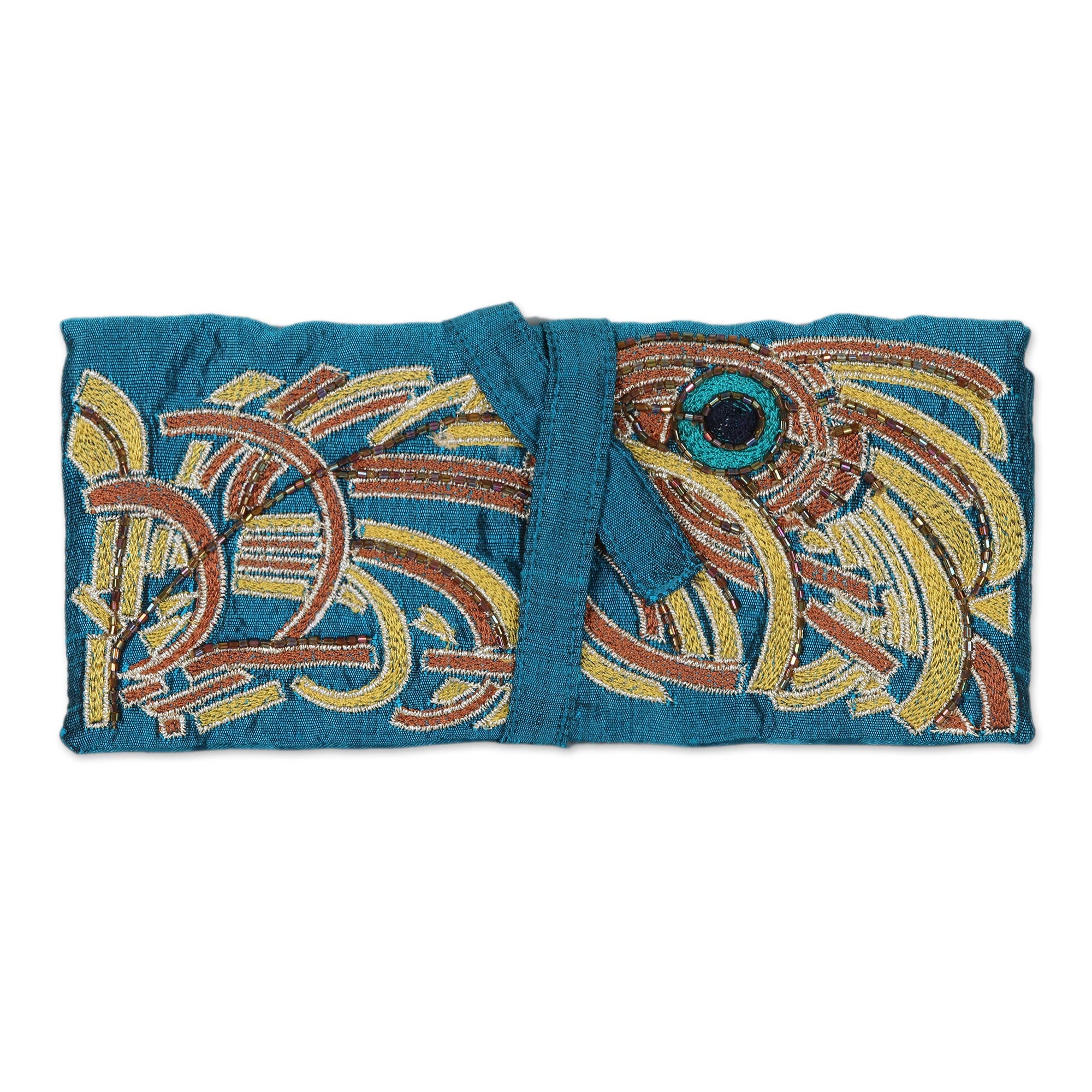 Premium Royal Peacock Silk Jewelry Roll - Turquoise Embroidered Travel Organizer