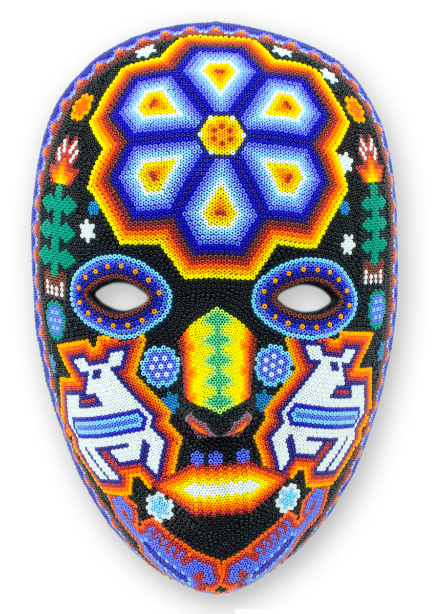 Premium Huichol Shaman Deer Mask - Handcrafted Multicolor Art Piece