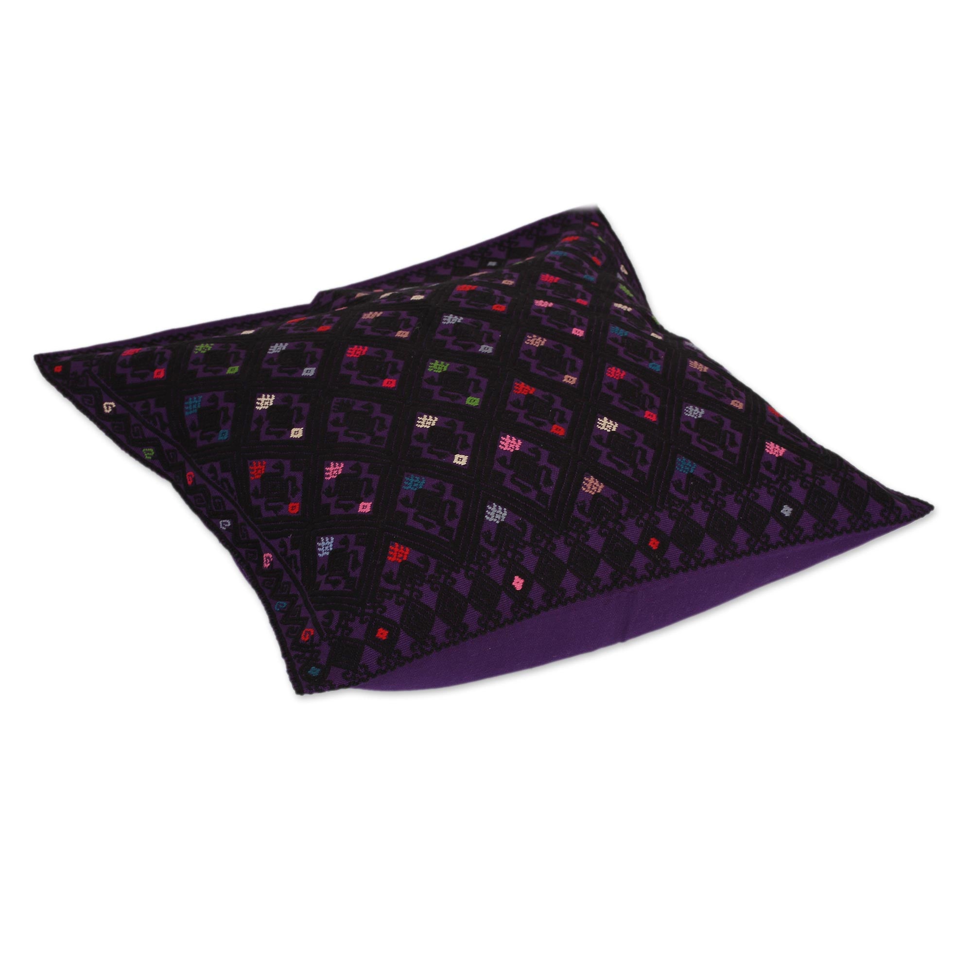 Premium Handwoven Geometric Cotton Cushion Cover - Purple & Black | Artisan Crafted from Mexico