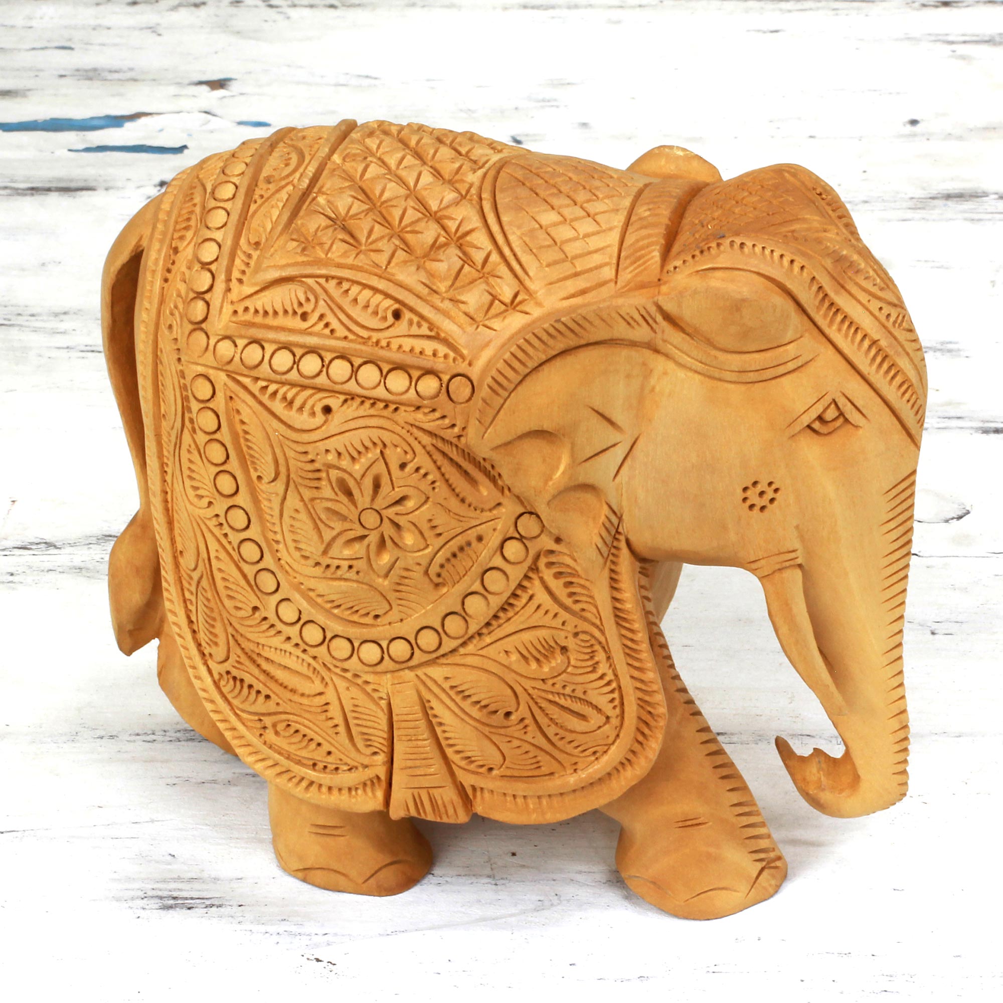 Premium Majestic Elephant Hand-Carved Sculpture - 6 Inch Kadam Wood Jali Art