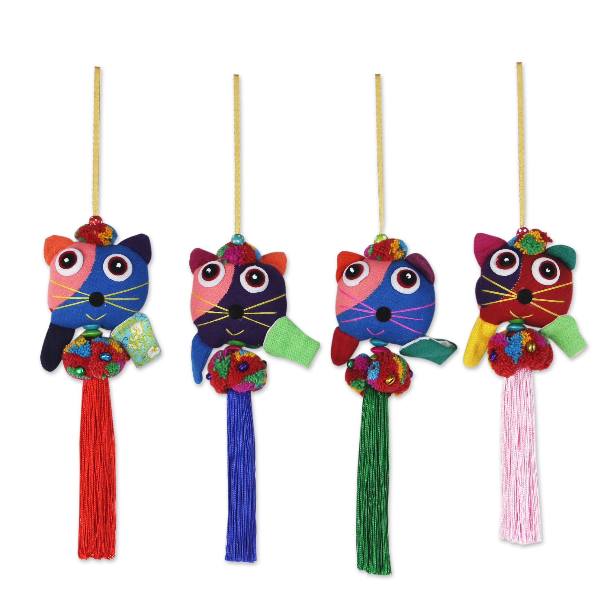 Premium Handcrafted Thai Cat Cotton Ornaments - Festive 4-Piece Set