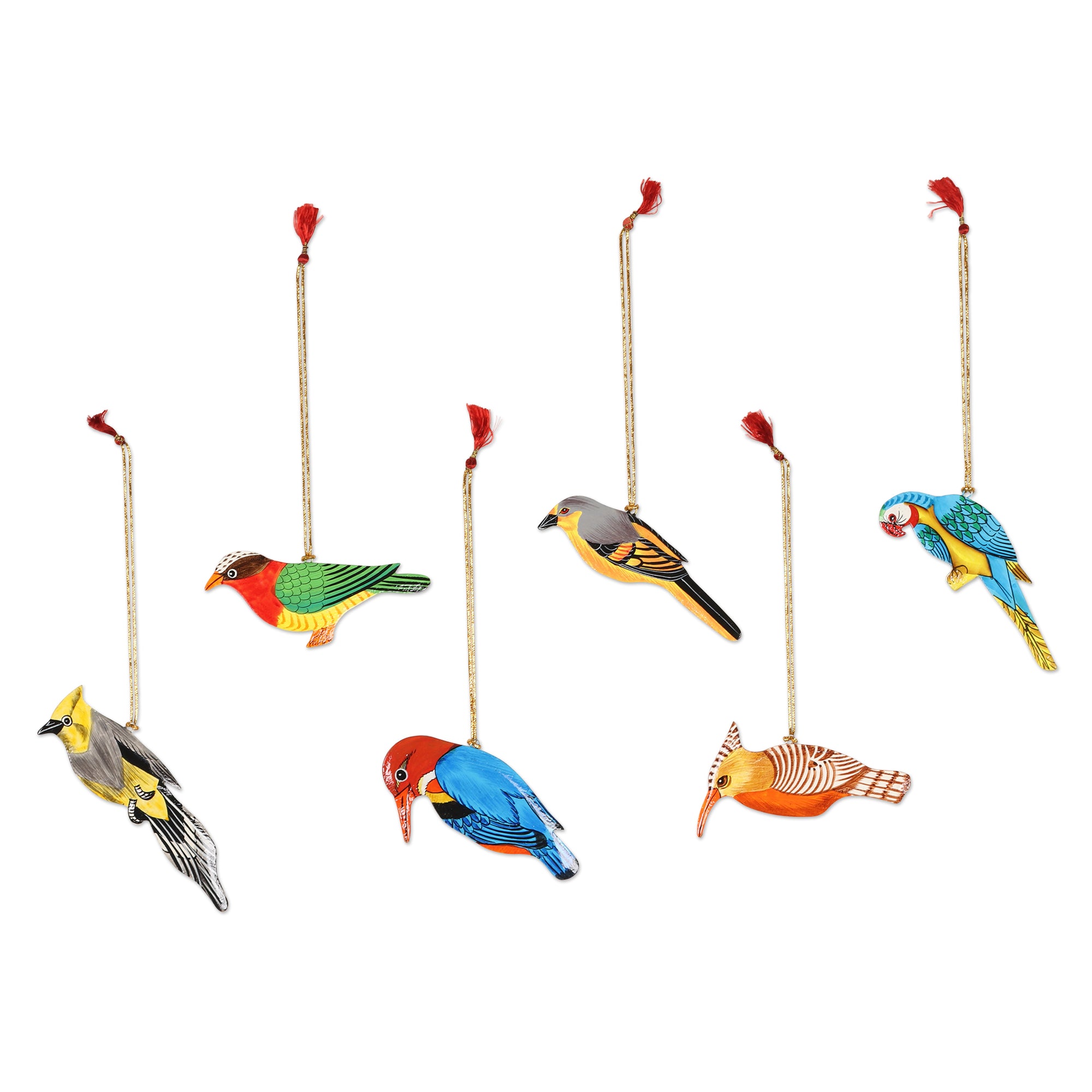 Premium Hand-Painted Festive Bird Ornaments - Set of 6, Golden Cords & Red Tassels