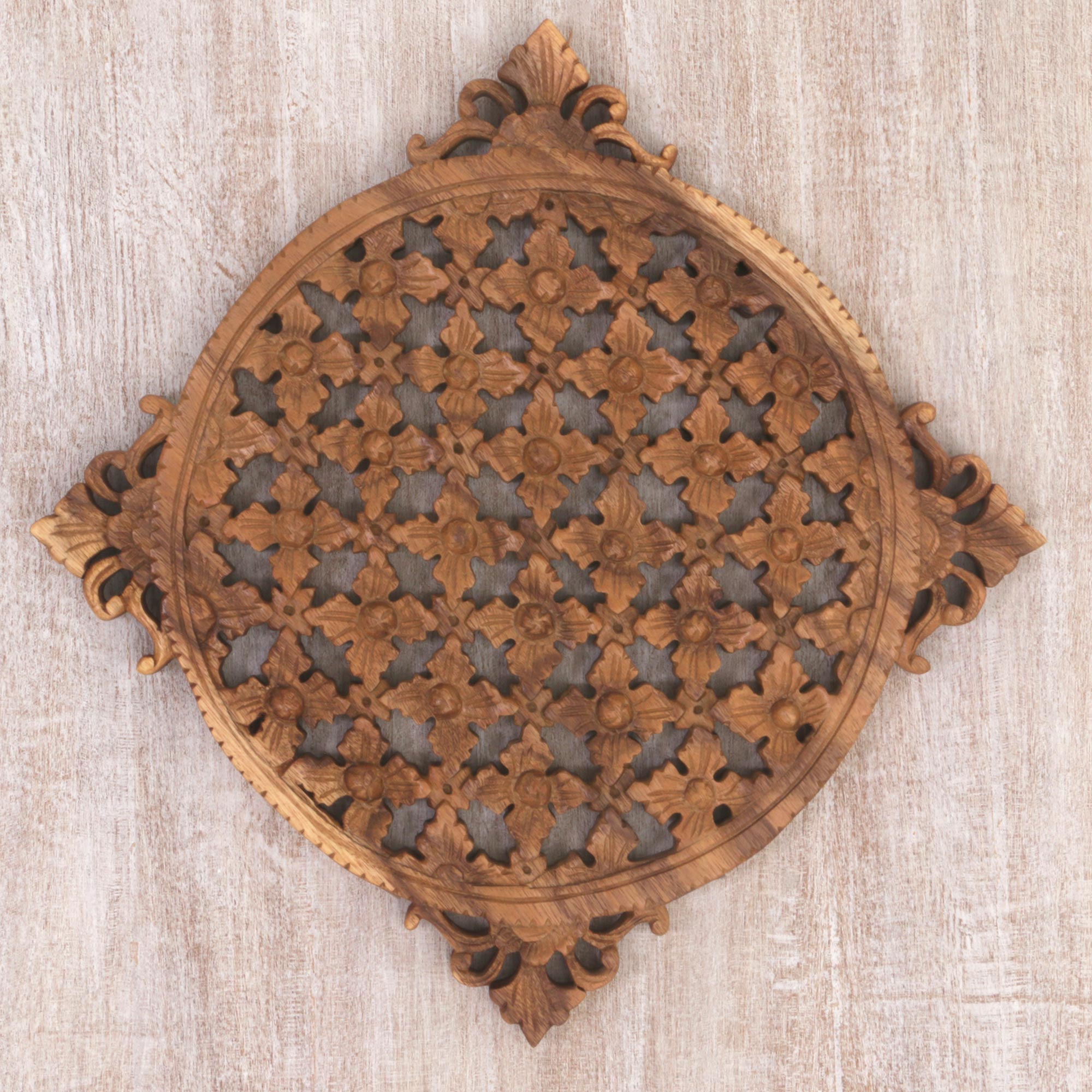 Premium Hand-Carved Floral Wood Wall Art - Elegant Indonesian Suar Wood Relief