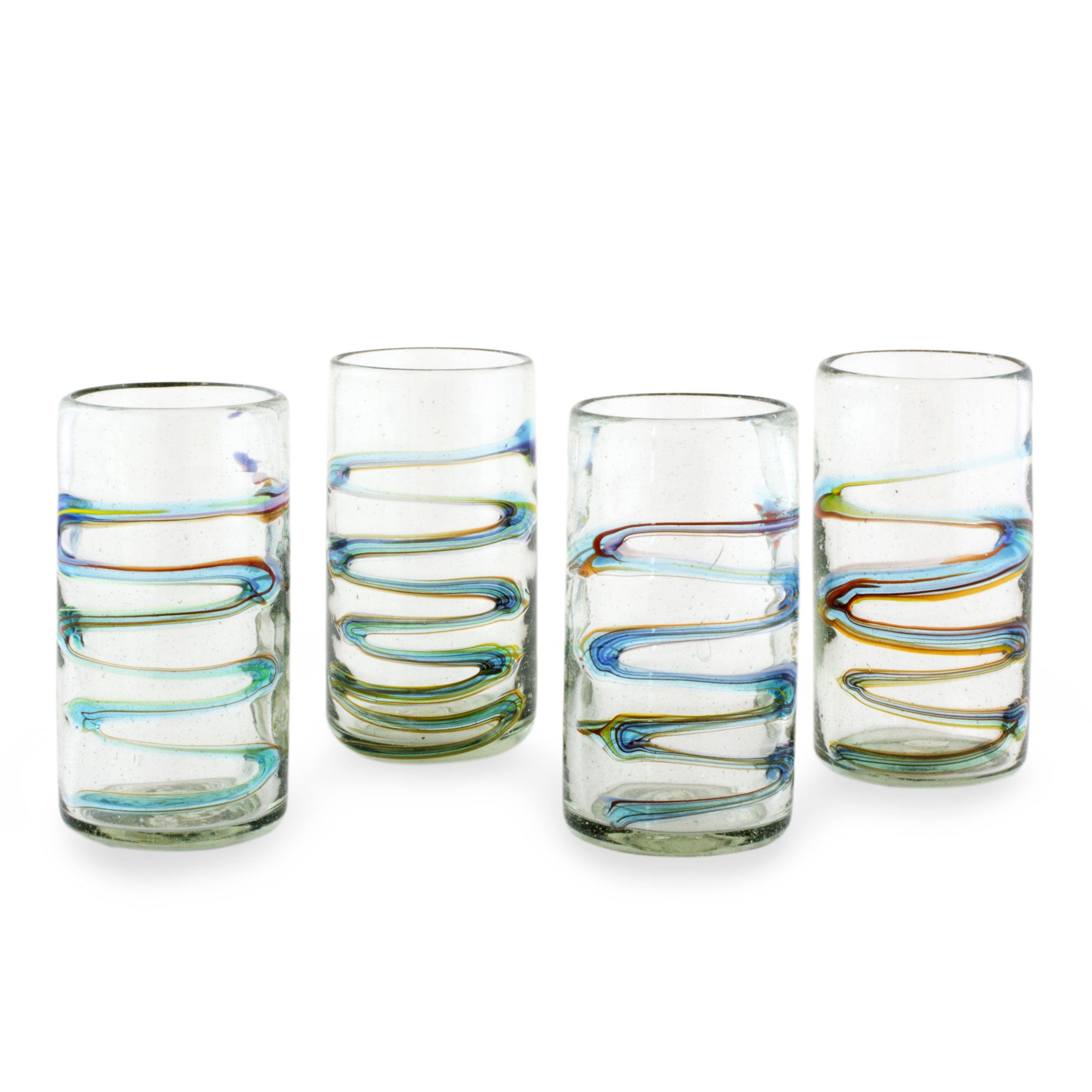 Premium Hand-Blown Rainbow Ripple Tumbler Glasses - Set of 4 (11 oz)