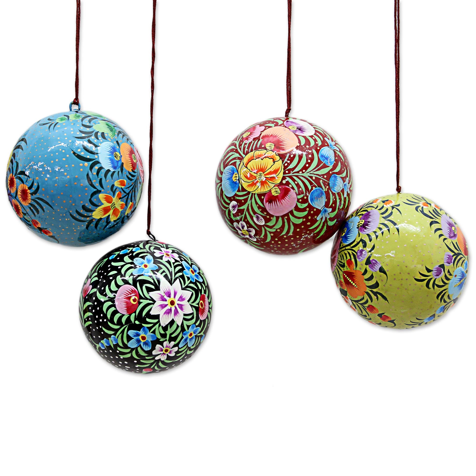 Premium Hand-Painted Floral Ornaments Set - Exquisite Multicolored Papier Mache Decor (Set of 4)