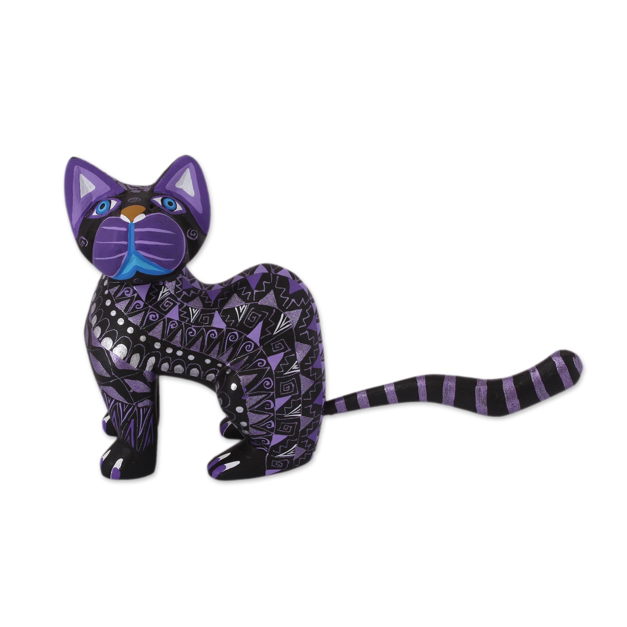 Premium Hand-Painted Black Alebrije Cat with Silver & Purple Motifs