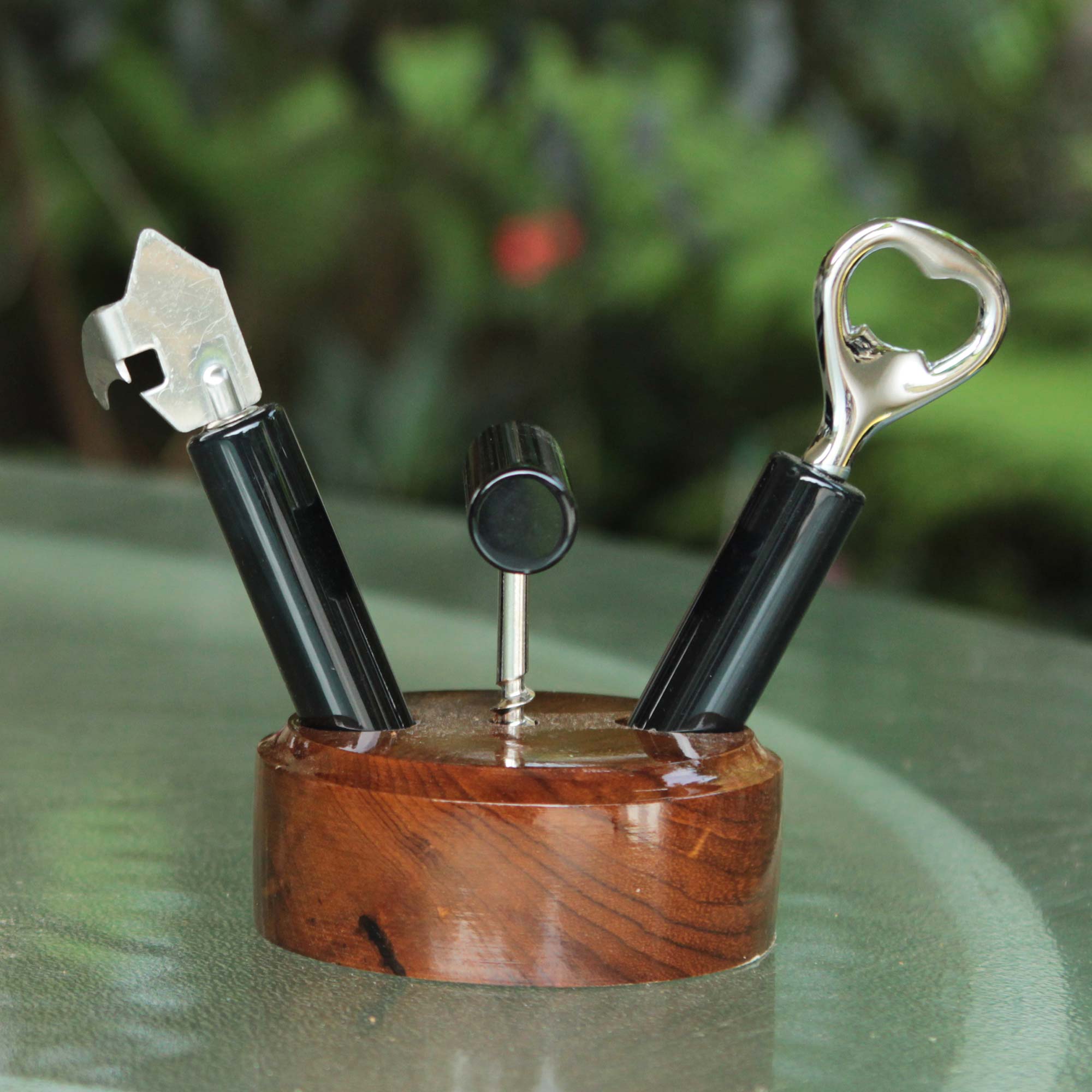 Premium Brazilian Cedar & Black Agate 3-Piece Bottle Opener Set - Ultimate Bar Accessories