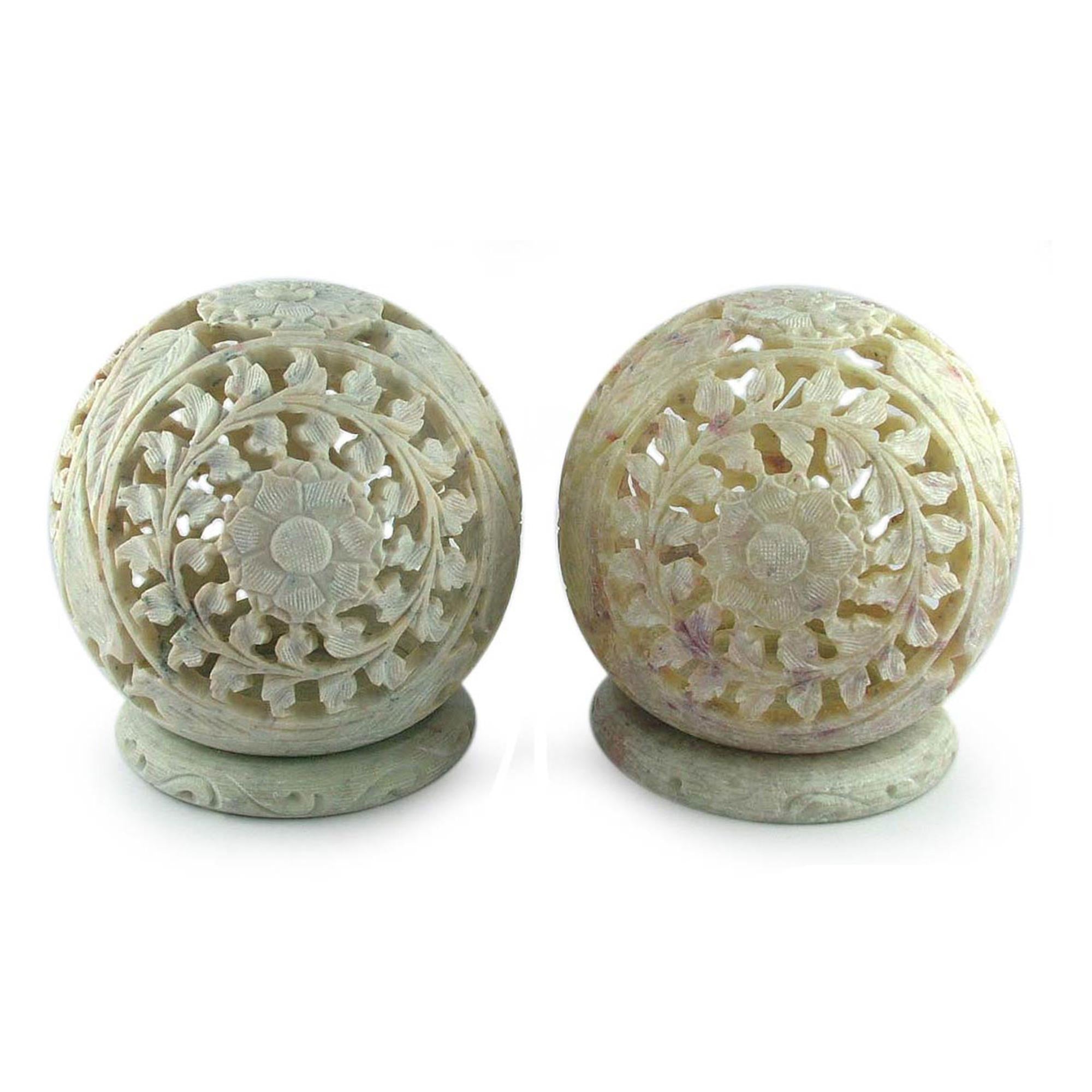 Premium Hand-Carved Soapstone Candle Holders - World is a Flower Design (Pair)