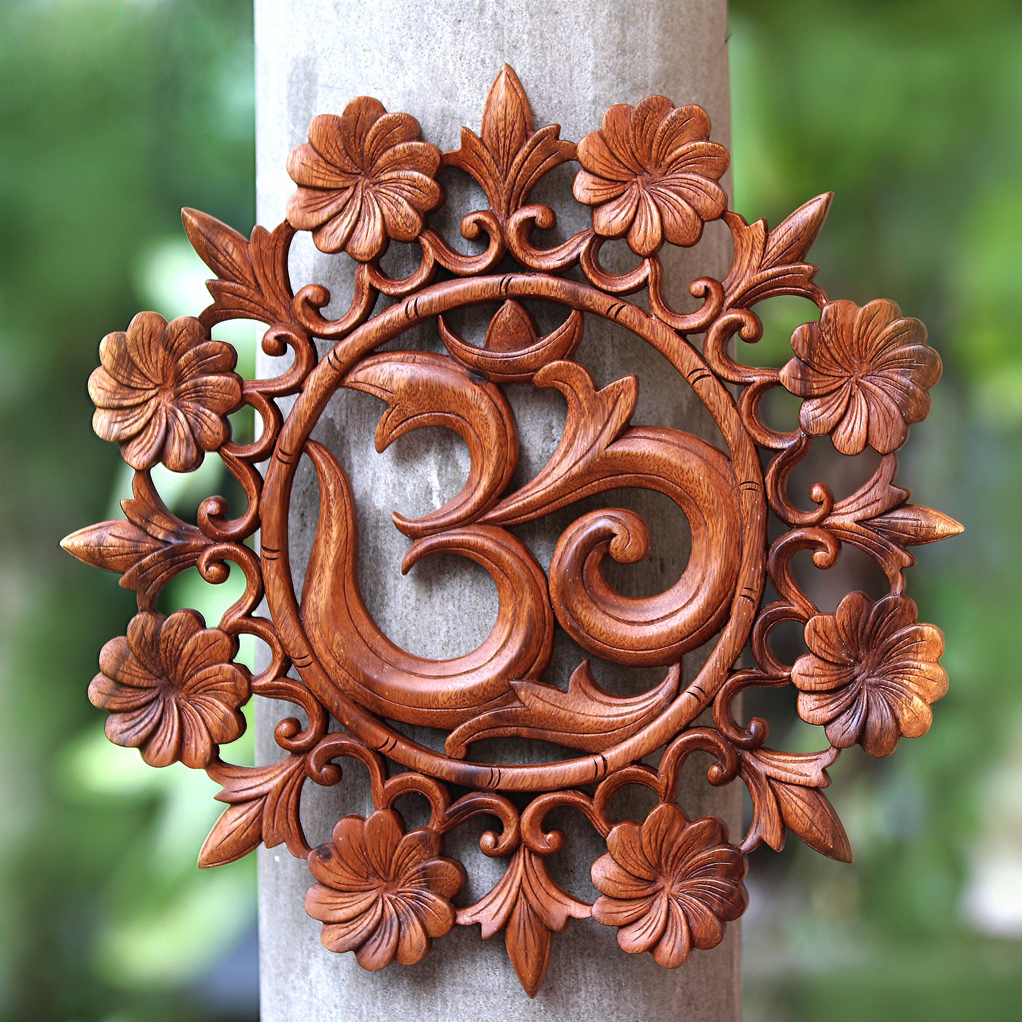 Premium Hand-Carved Om Floral Suar Wood Wall Art from Bali