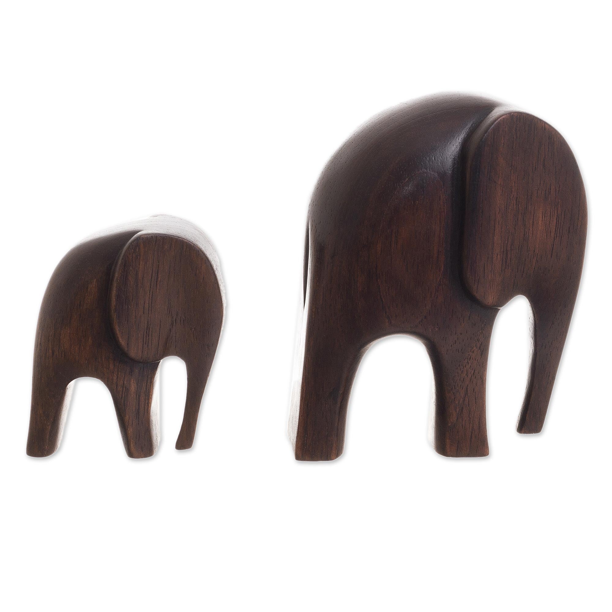 Premium Hand-Carved Cedar Wood Elephant Figurines from Peru - Mother & Baby Pair
