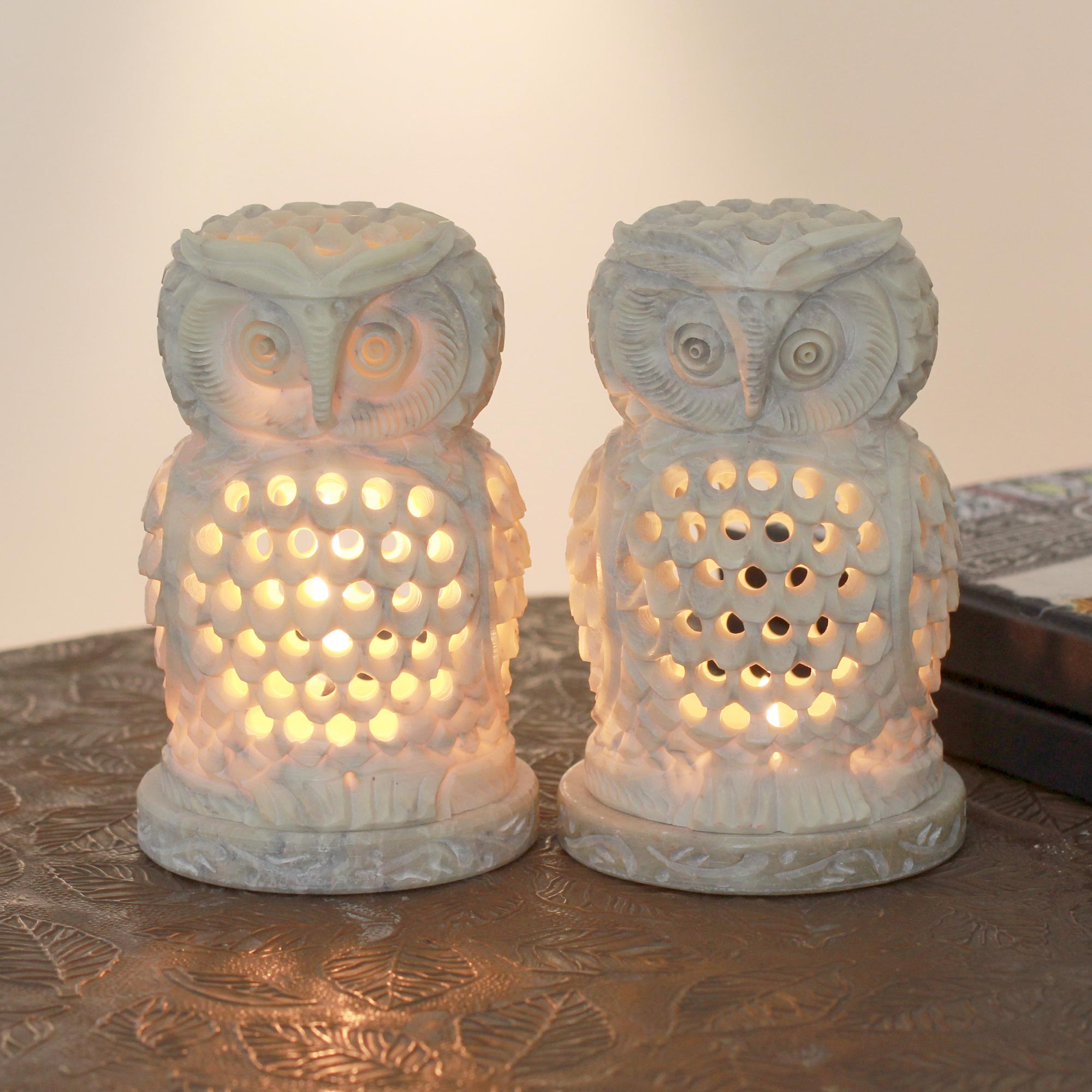 Premium Handcrafted Soapstone Owl Candleholders - Set of 2
