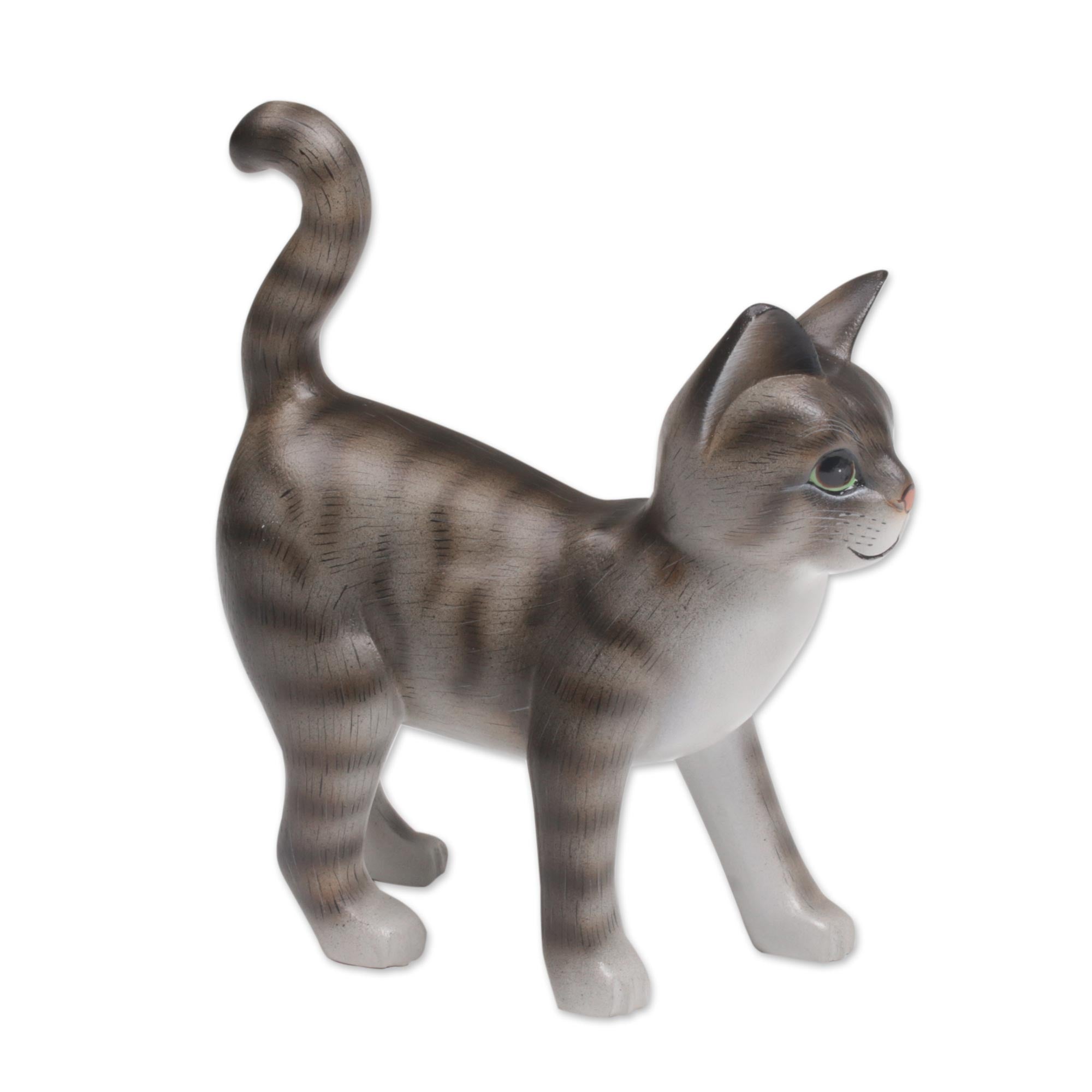 Premium Hand-Carved Balinese Kitten Sculpture in Grey & White