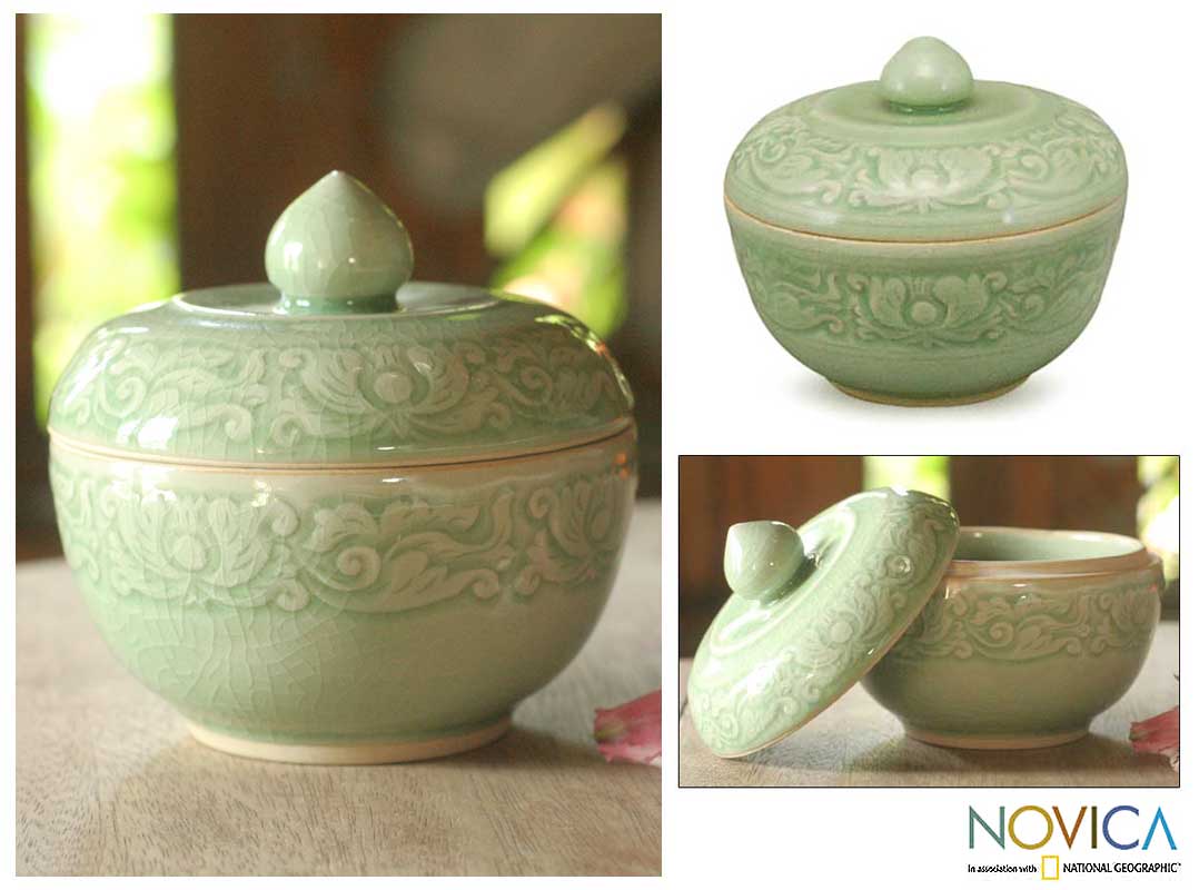Premium Lotus Pool Celadon Ceramic Jar - Handcrafted Elegance