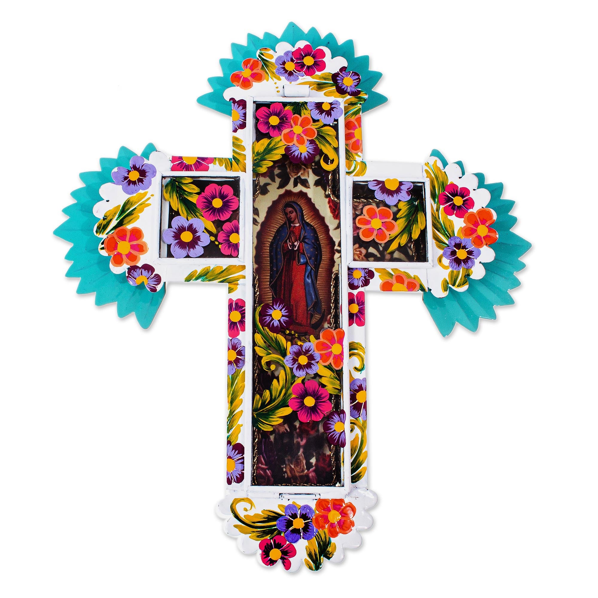Premium Blessed Virgin Wall Cross - Handcrafted Tin & Glass Art