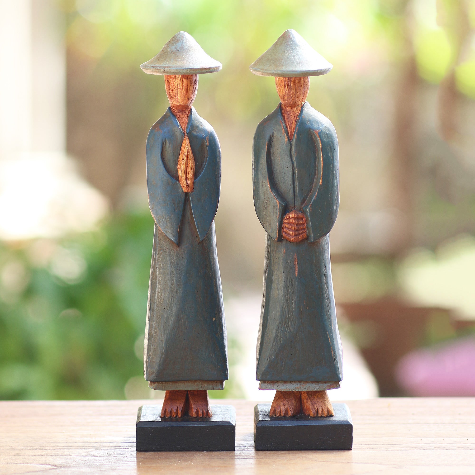 Premium Hand-Carved Dark Green Robed Farmer Statuettes - Peaceful Agrarian Duo