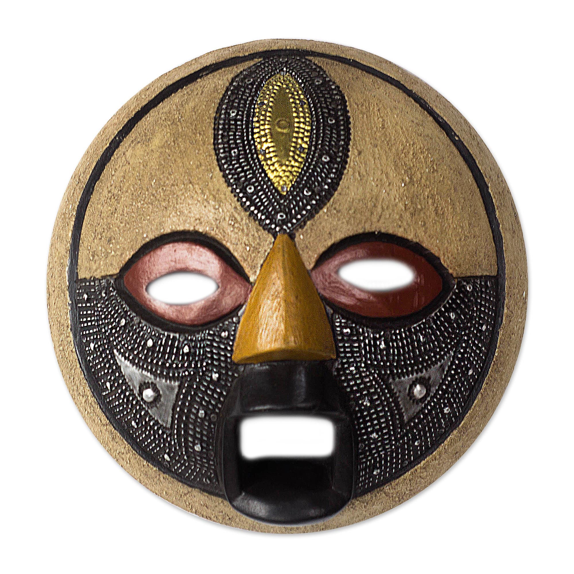 Premium Third Eye African Wood Mask with Brass & Aluminum Accents - Handcrafted Wall Decor