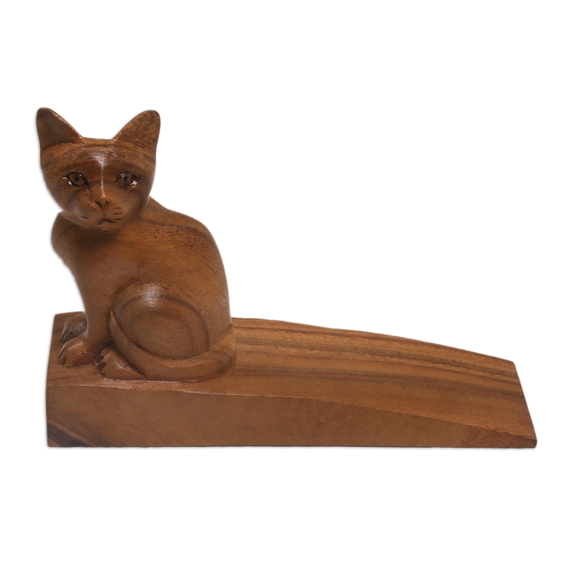 Premium Handcrafted Suar Wood Kitten Doorstop - Natural Brown Finish