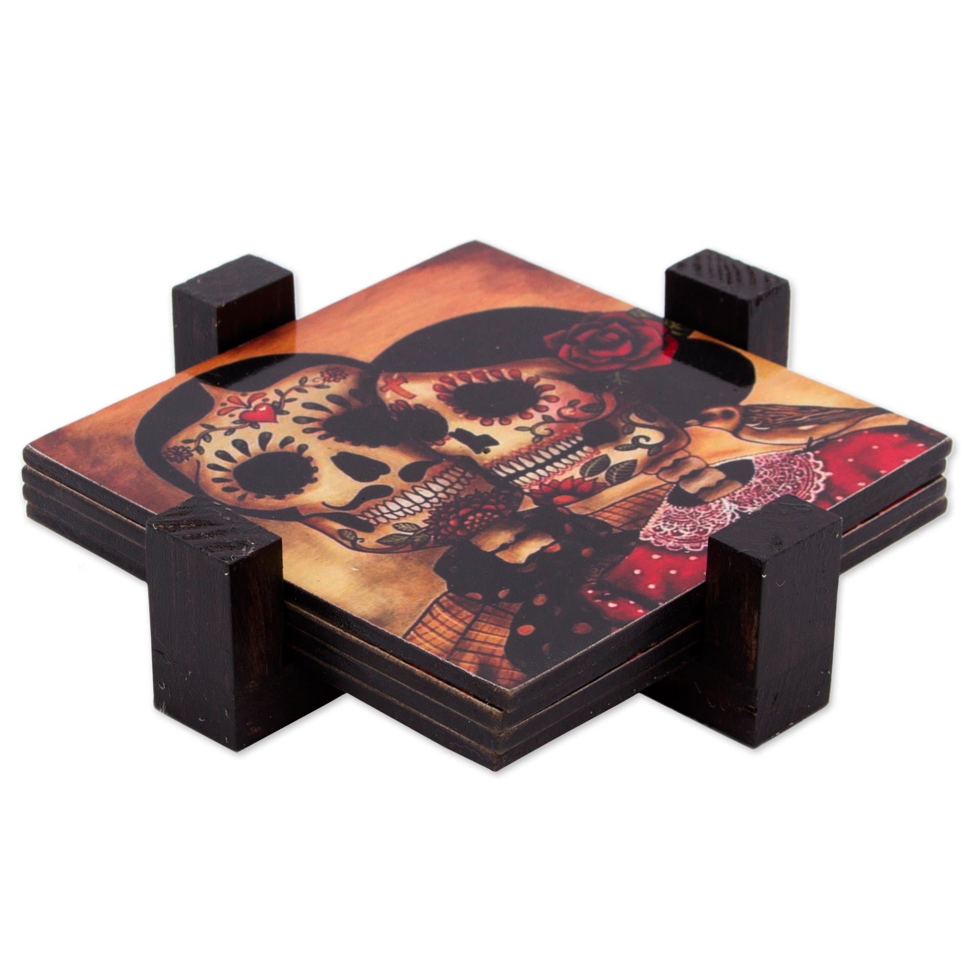 Premium Day of the Dead Romance Coaster Set - Handcrafted Decoupage Art (Set of 4)