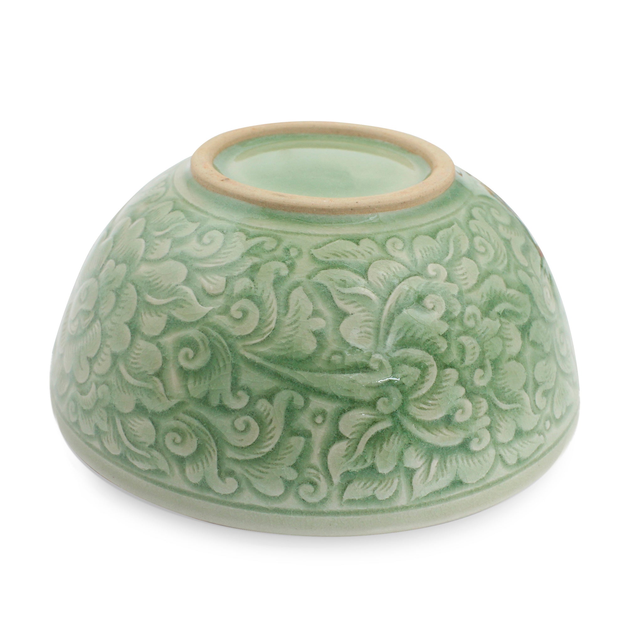 Premium Green Peony Thai Celadon Ceramic Bowl - Artisan Crafted Floral Design