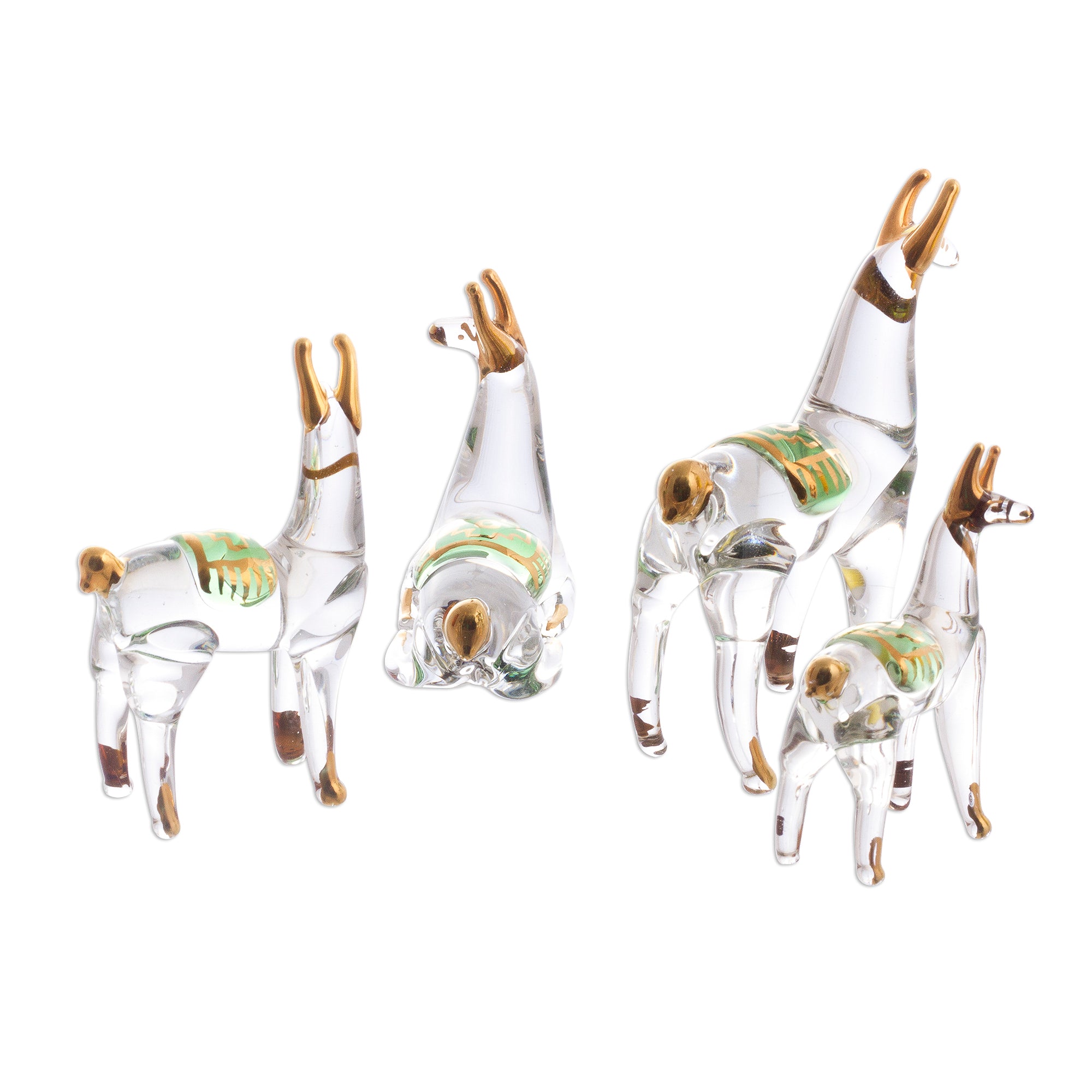 Premium Llama Family Set: Handcrafted Gilded Glass Figurines from Peru (Set of 4)