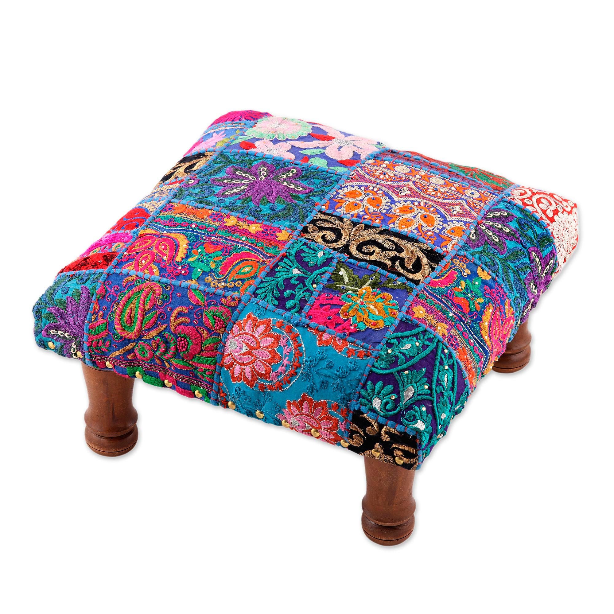 Premium Handcrafted Patchwork Ottoman Footstool - Rajasthani Artisan Design