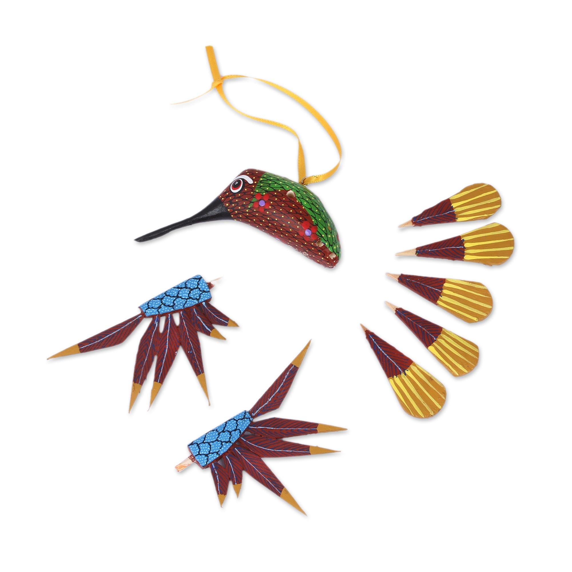 Premium Handcrafted Red Copal Wood Alebrije Hummingbird Ornament – Multicolor Artistry