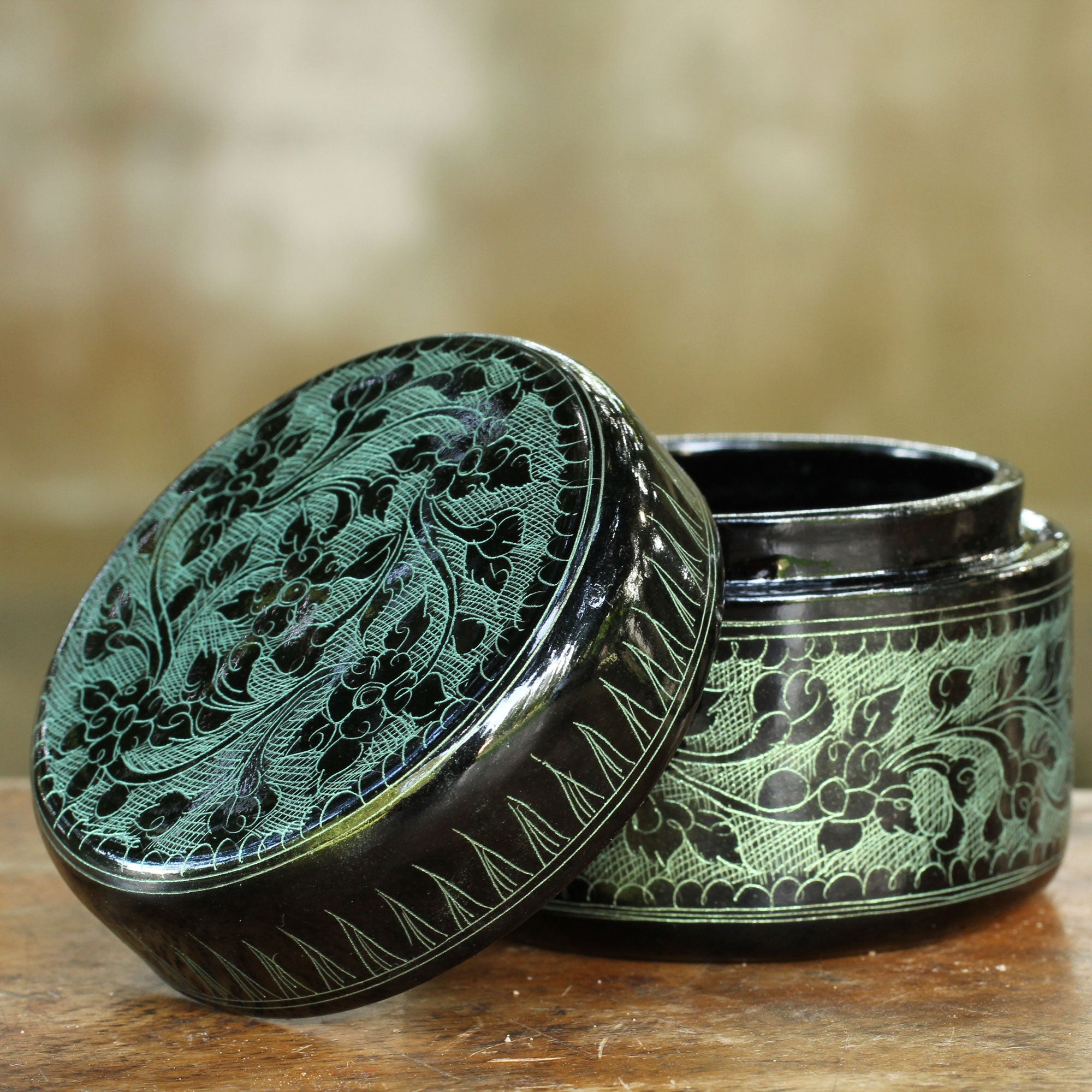 Premium Exotic Green Flora Handcrafted Lacquered Wood Decorative Box