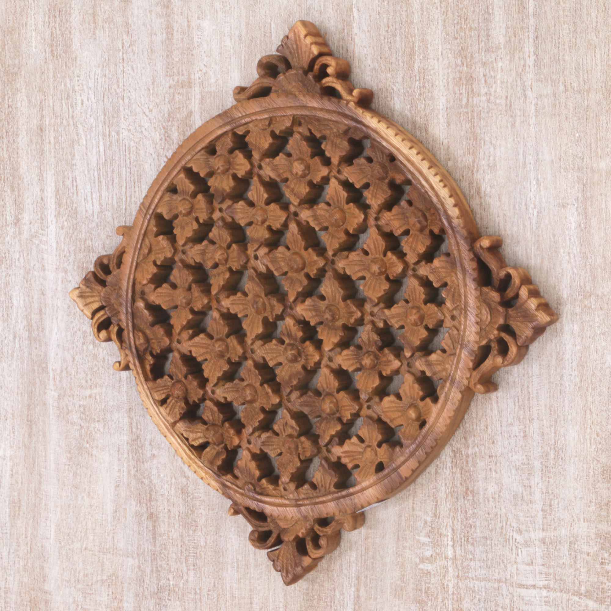 Premium Hand-Carved Floral Wood Wall Art - Elegant Indonesian Suar Wood Relief