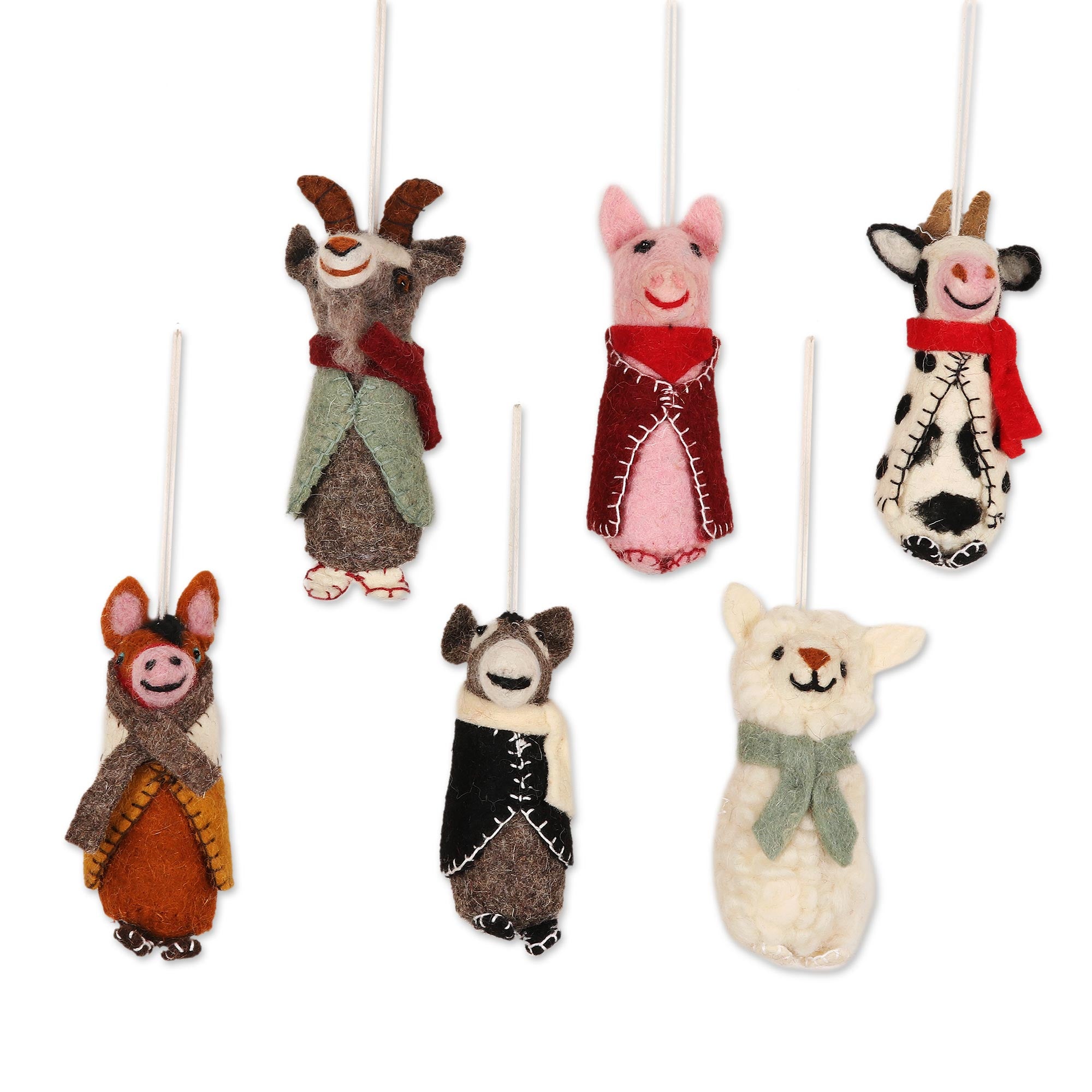 Premium Handcrafted Wool Animal Holiday Ornaments - Barnyard Bunch (Set of 6)