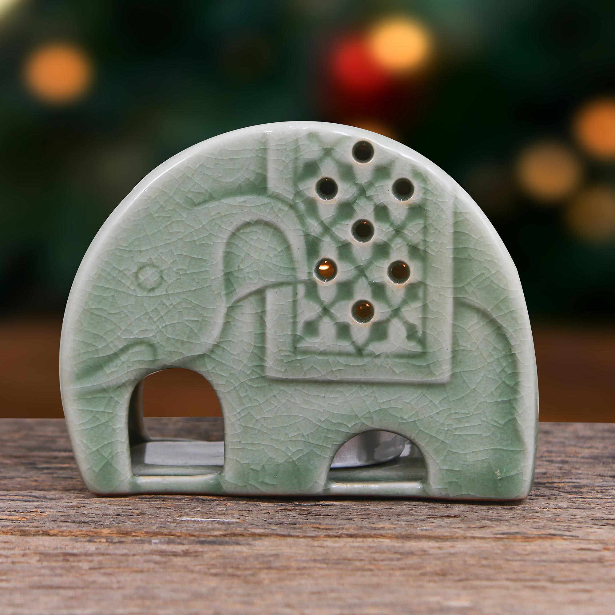 Premium Celadon Ceramic Elephant Oil Warmer - Handcrafted in Thailand