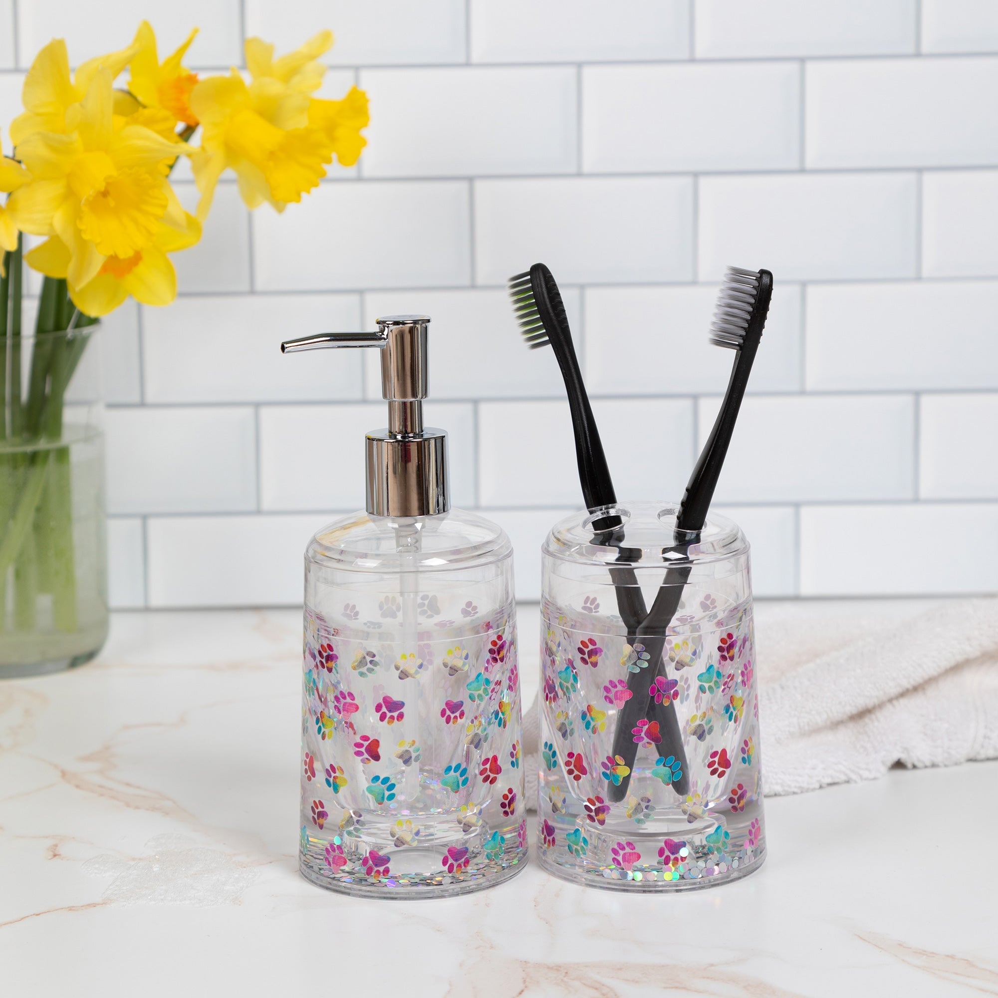 Ultimate Paw Print Acrylic Bathroom Duo - Soap Dispenser & Toothbrush Holder Set