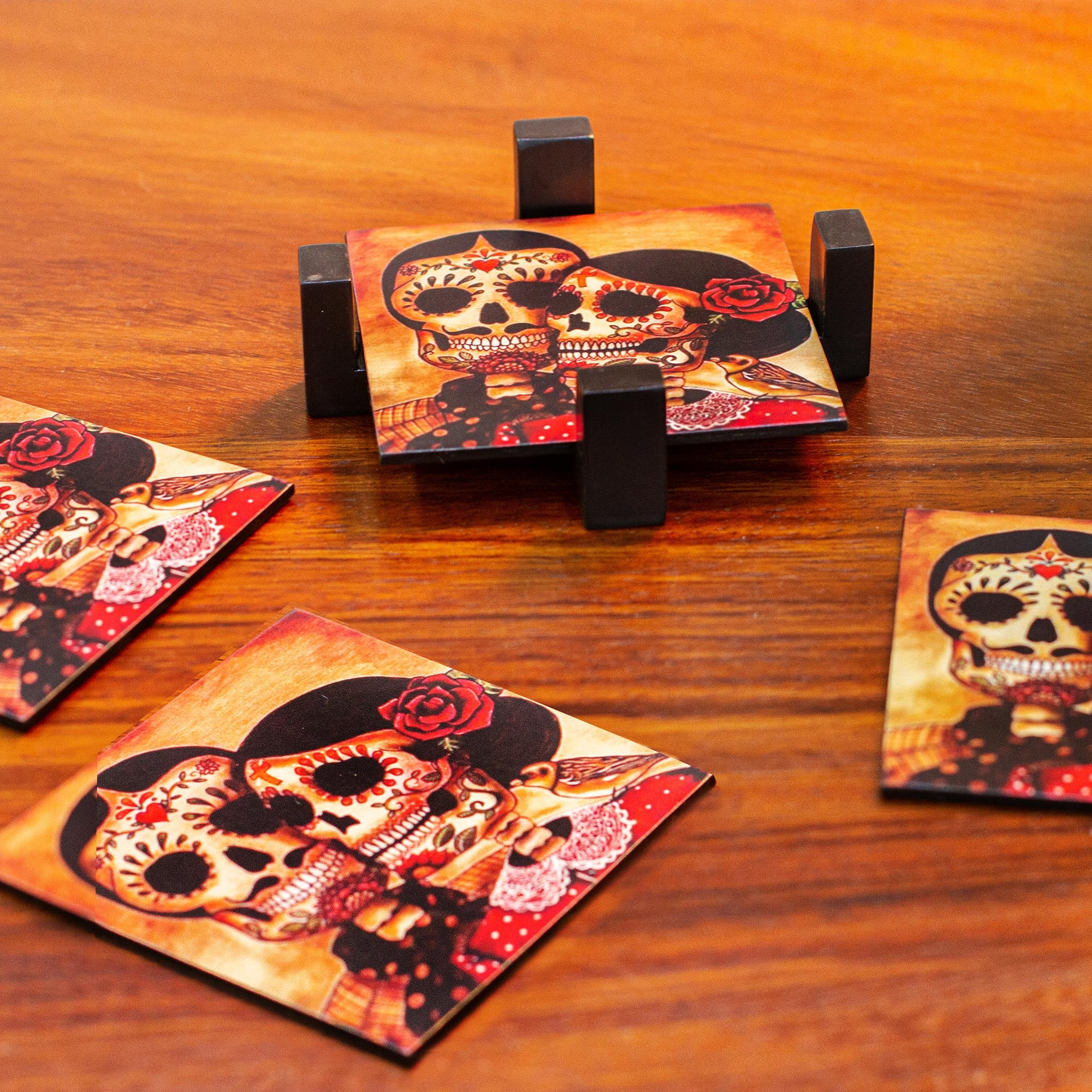 Premium Day of the Dead Romance Coaster Set - Handcrafted Decoupage Art (Set of 4)