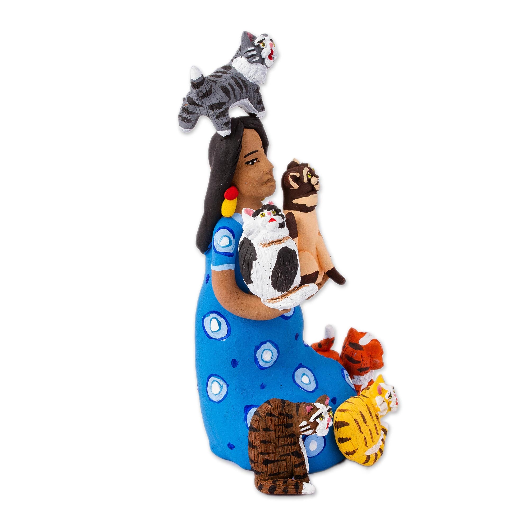 Premium Hand-Painted Ceramic Sculpture: Woman with Cats - Unique Artisan Craft